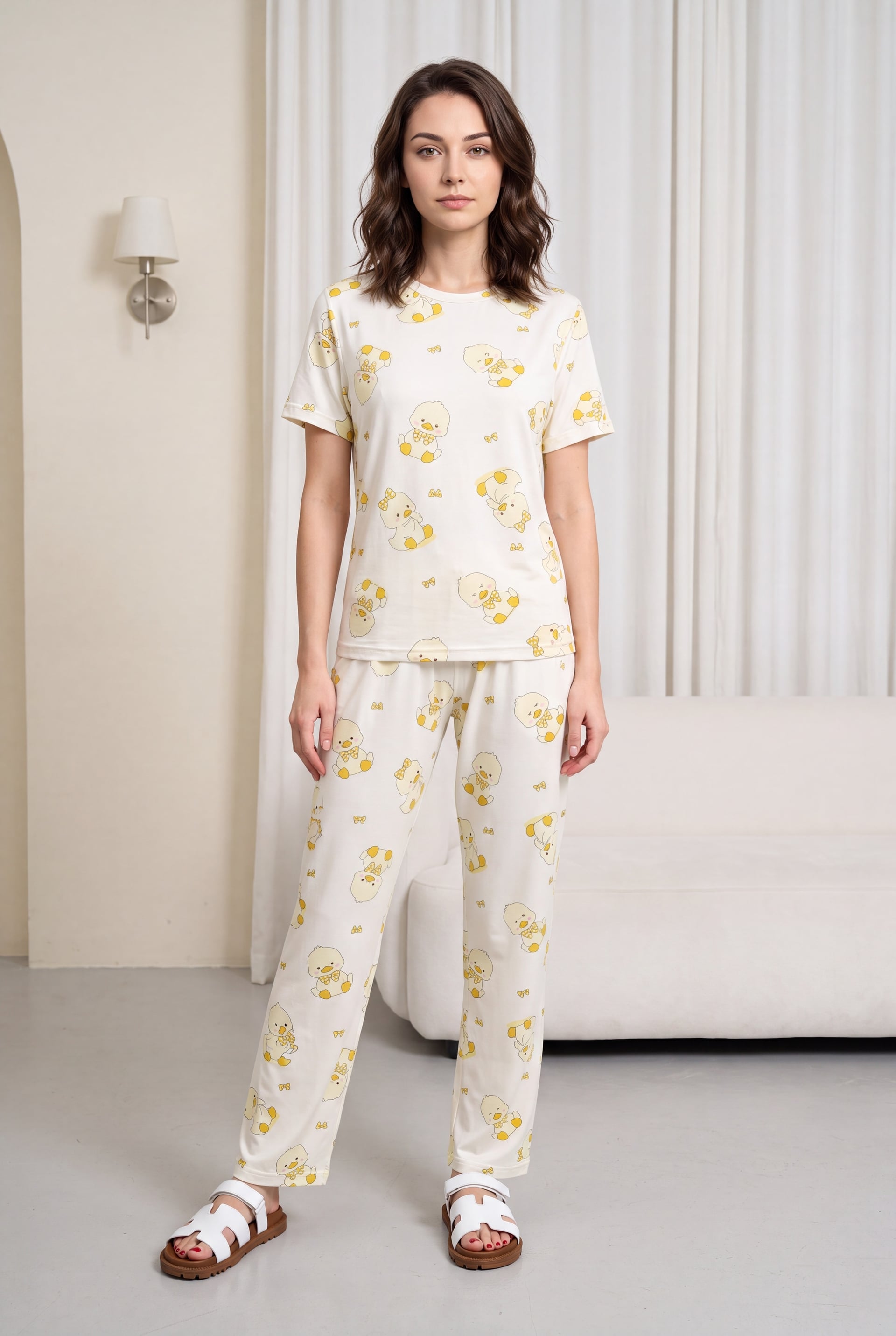 Duck Print Bicycle Neck Short Sleeve Terry Pyjama Set - Ecru - Podyumplus - by Peralane - photo 3