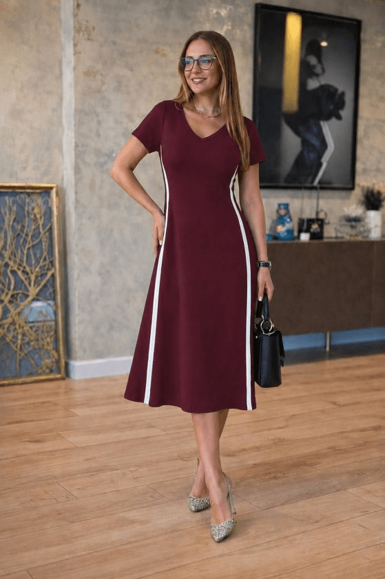 Women's Short Sleeve V-Neck Side Stripe Detail Viscose Two-Thread Midi Dress - Janes - by Peralane - photo 2