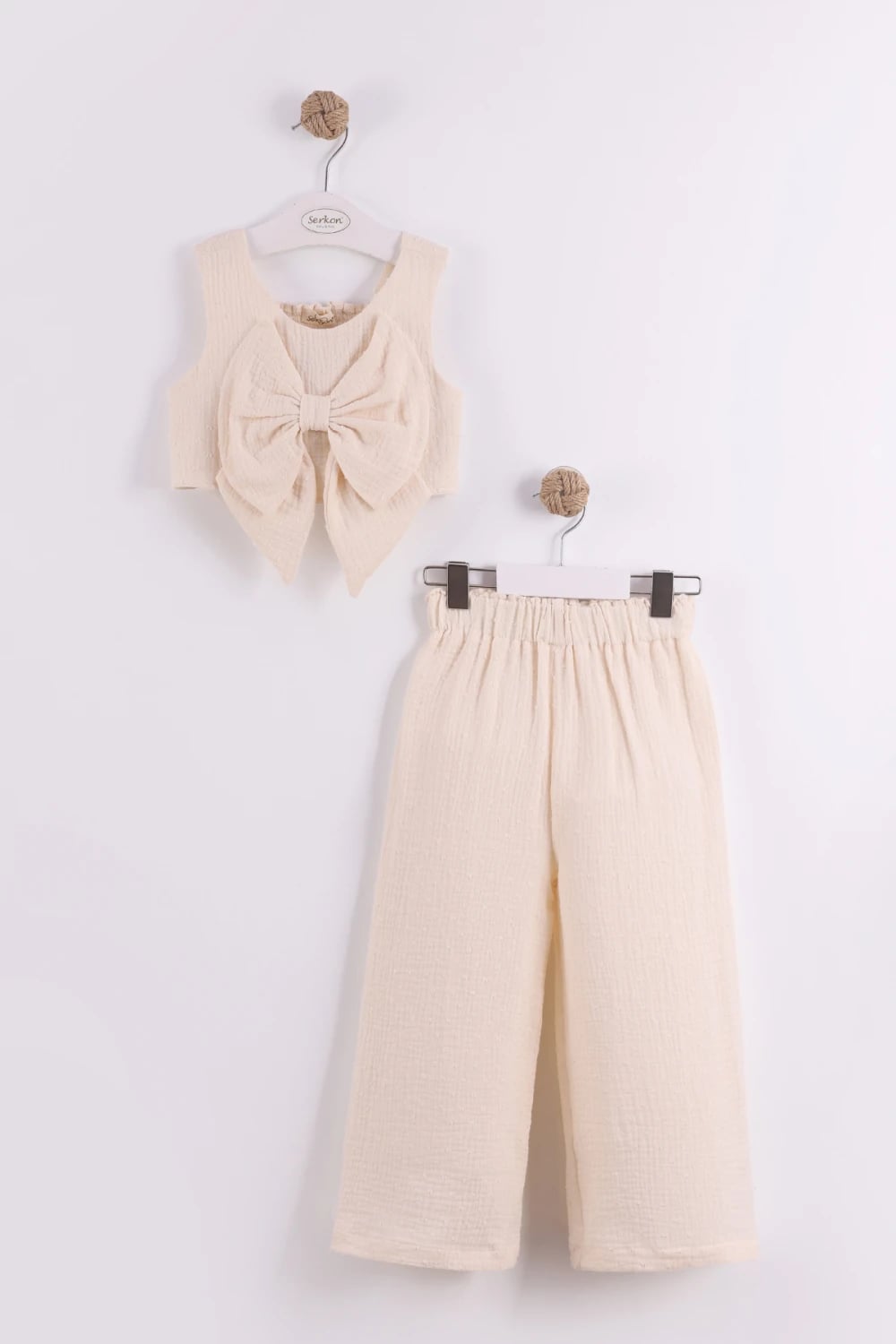 Girls' Two-Piece Cut-Out Crop Set with Bow Detail - Beige - Serkon Baby - by Peralane