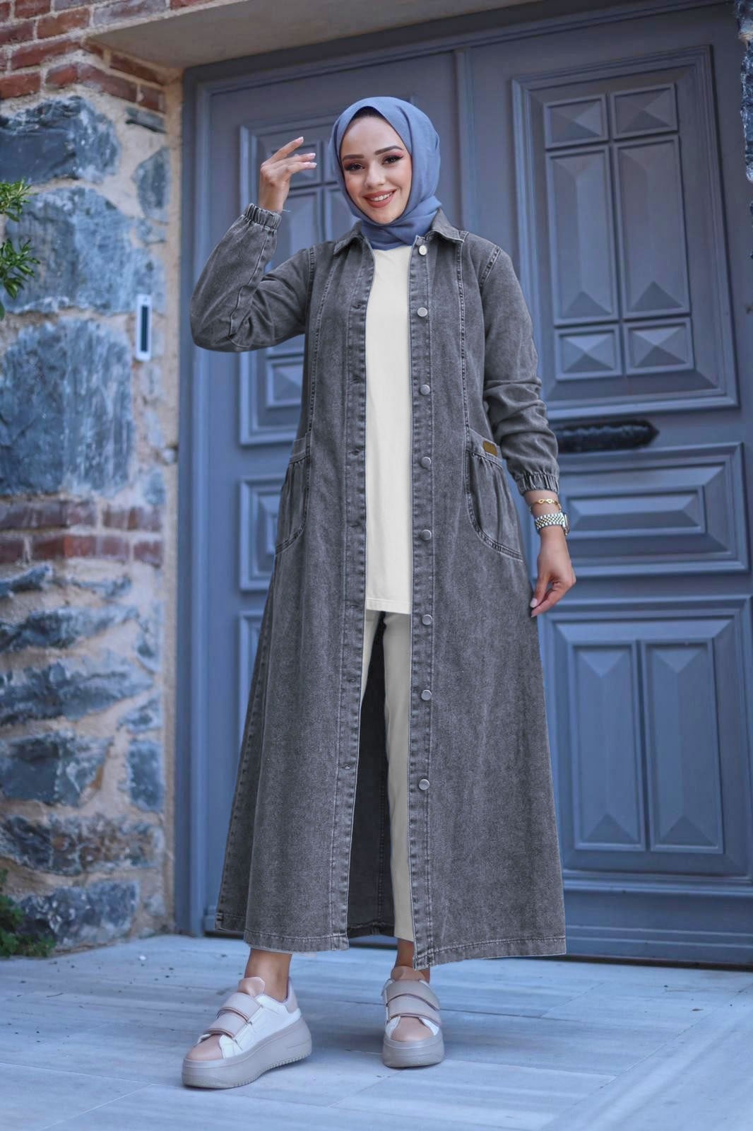 Long Denim Jacket with Flap Pockets and Metal Buttons - Smoke - Podyumplus - by Peralane - photo 3