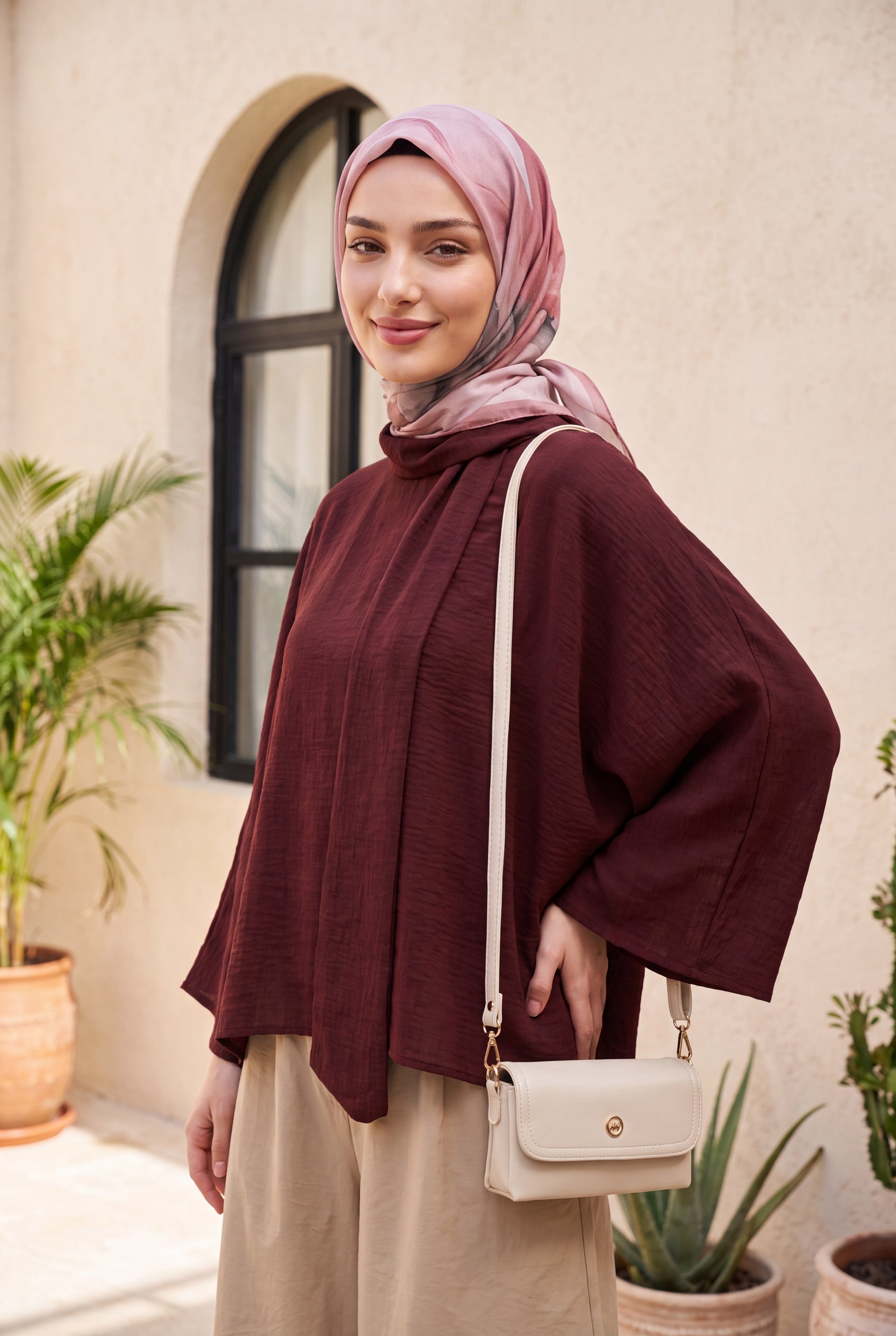 Long Back Belted Relaxed Poliviscose Tunic - Dark Plum - Podyumplus - by Peralane - photo 5
