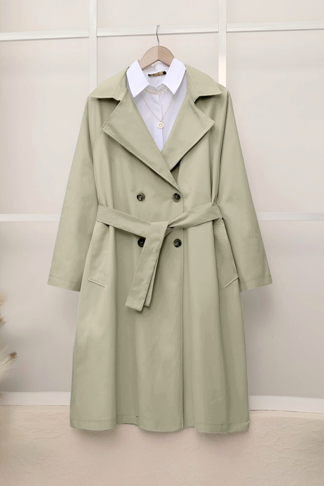 Belted Mid-Length Trench Coat with Bolero Detail - Stone Color - Podyumplus - by Peralane - photo 4