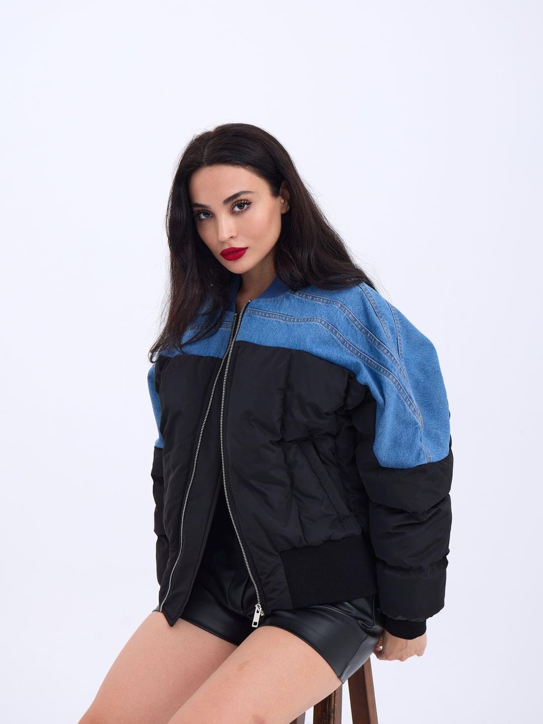 Black Puffer Bomber Jacket with Denim Shoulders - Fame - by Peralane - photo 5