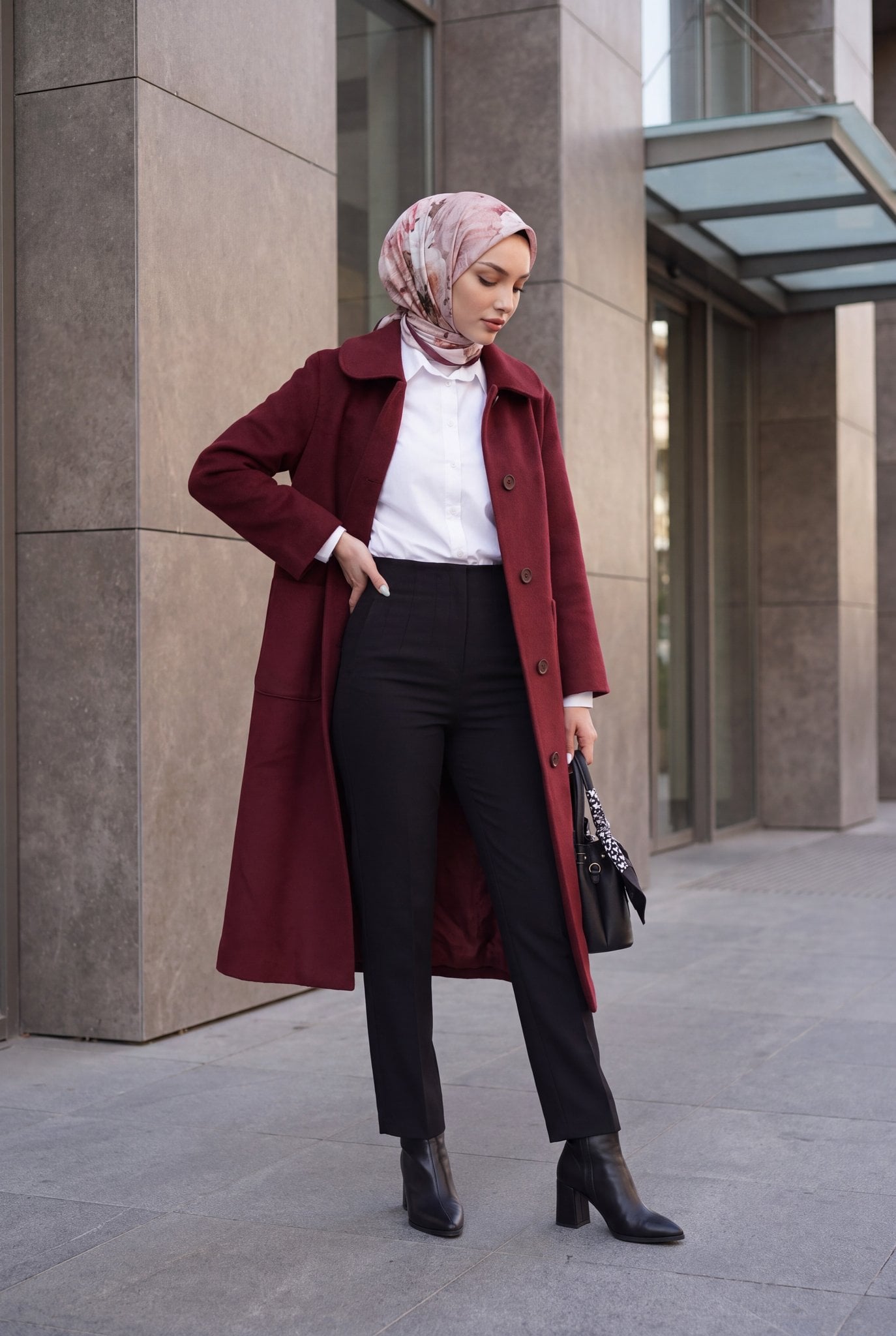 Long Single-Breasted Button Coat - Burgundy - Podyumplus - by Peralane
