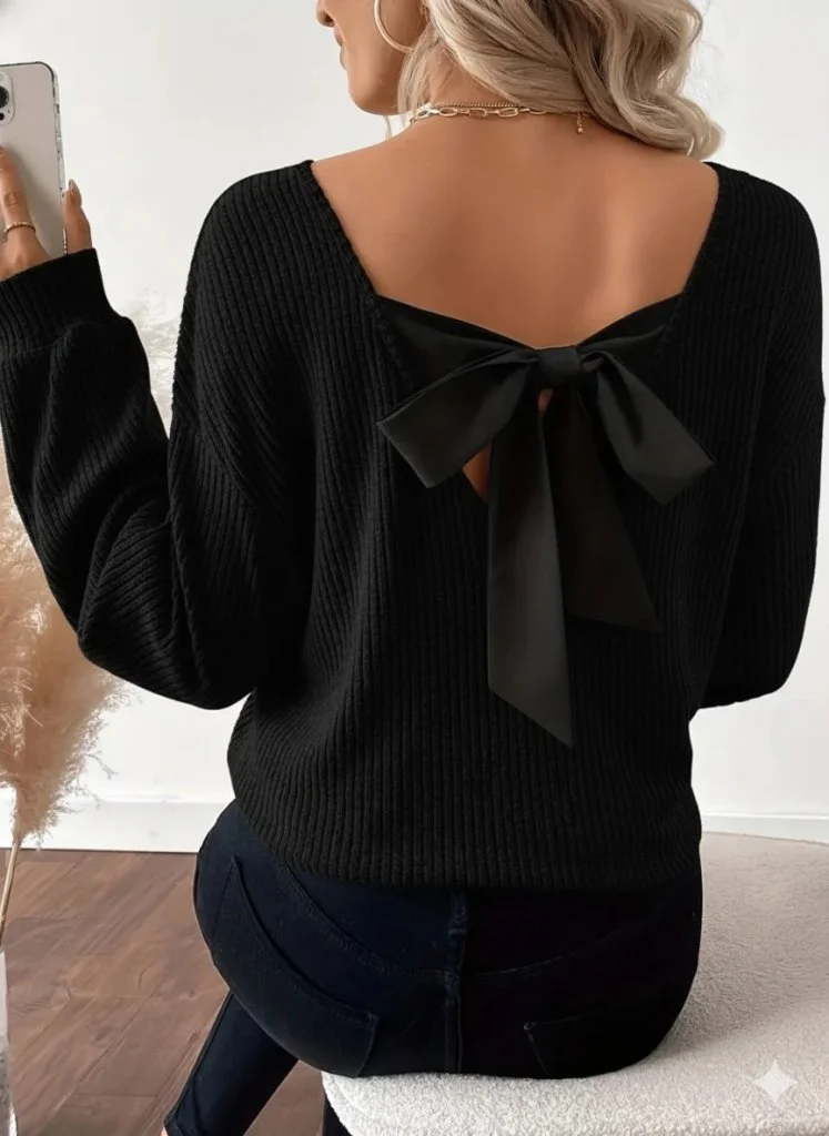 Women's Long-Sleeve V-Neck Ribbed Knit Sweatshirt with Back Satin Bow - Janes - by Peralane