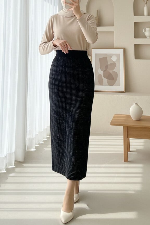 Stoned Waistband Knit Pencil Skirt - Black - Podyumplus - by Peralane - photo 2