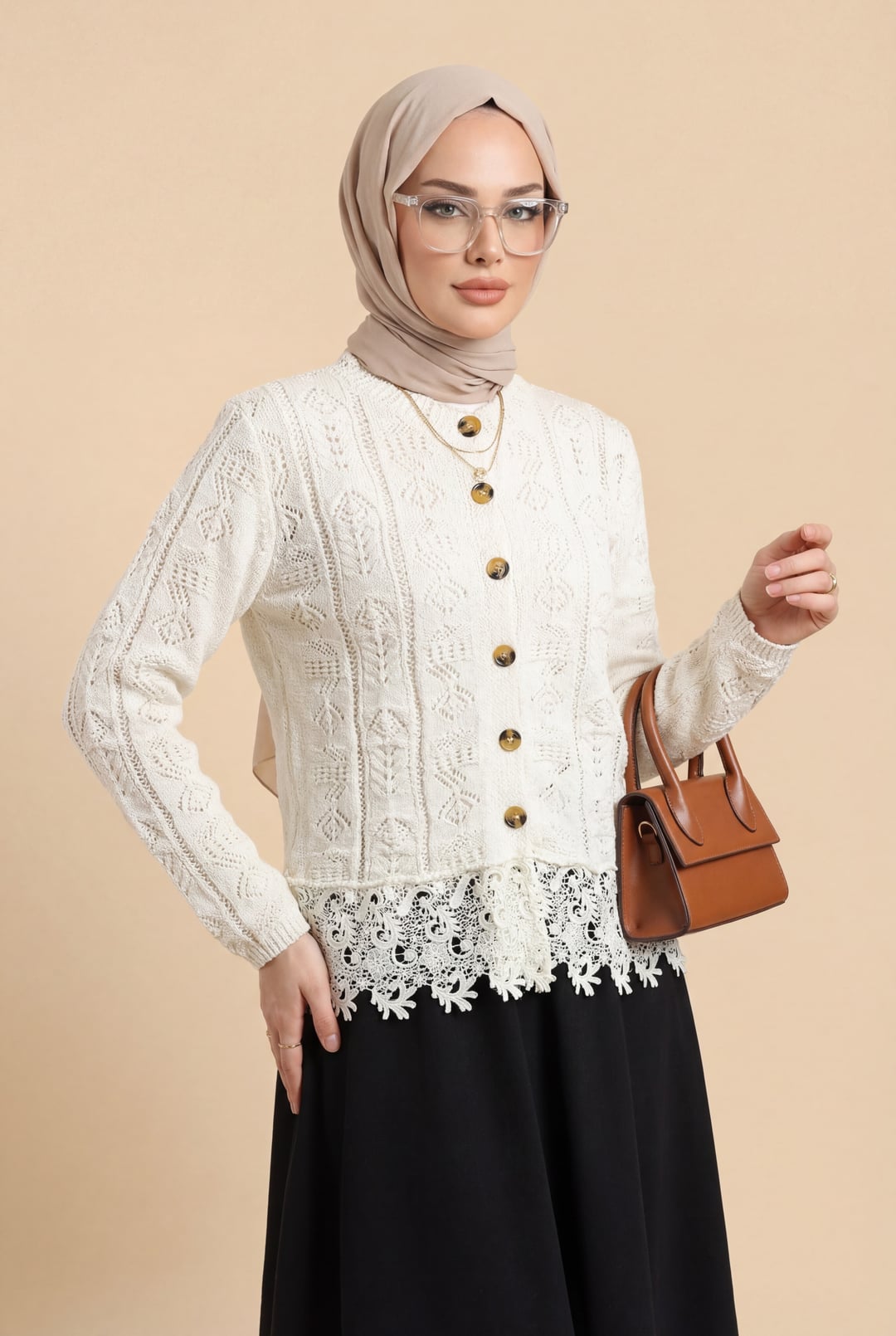Cream Lace-Trim Patterned Buttoned Knit Cardigan - Podyumplus - by Peralane - photo 4