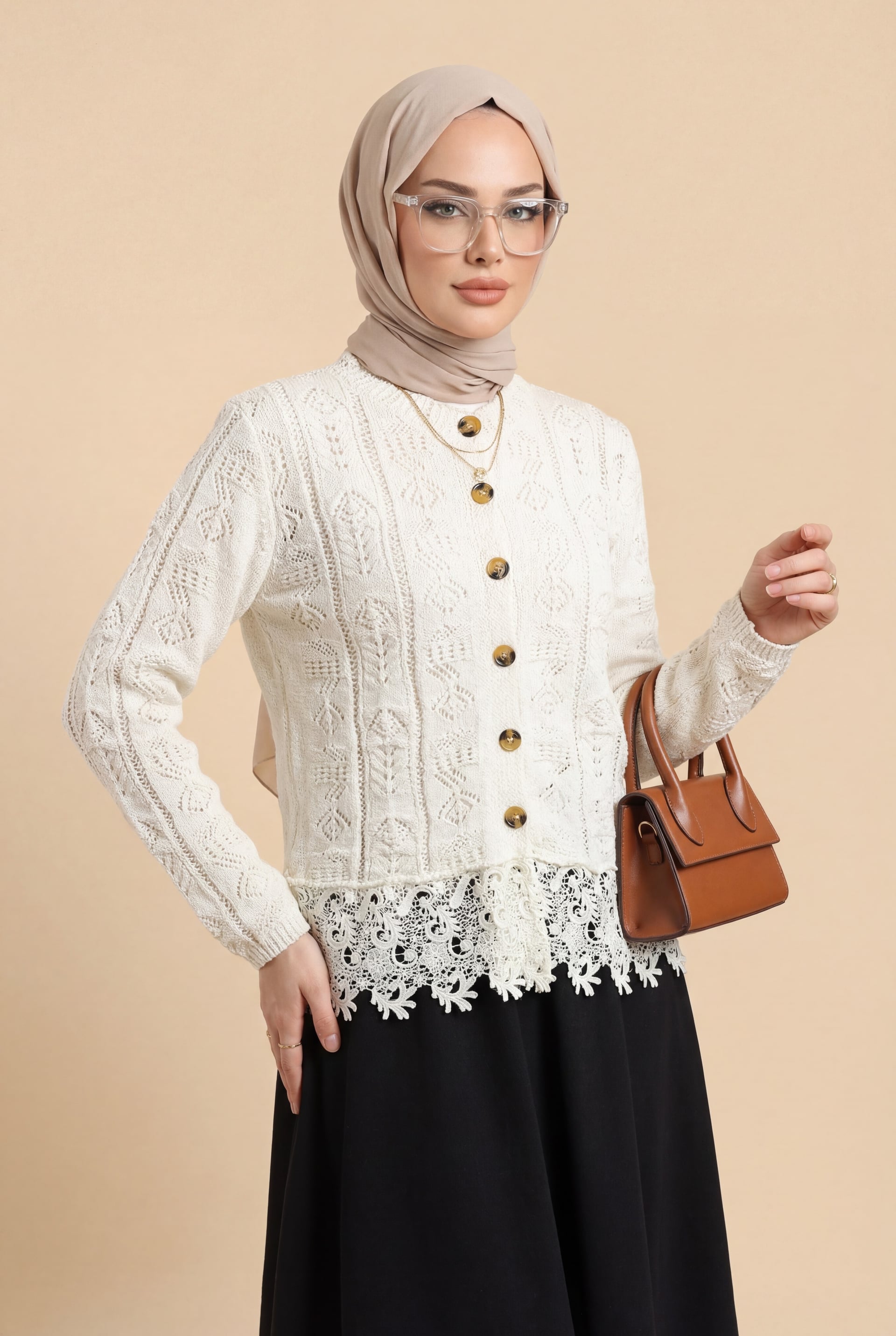 Cream Lace-Trim Patterned Buttoned Knit Cardigan - Podyumplus - by Peralane - photo 4