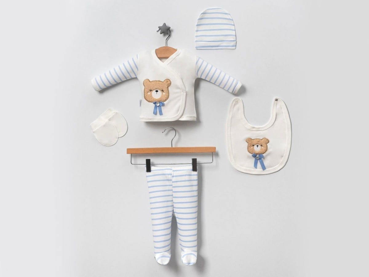 Embroidered Teddy Bear 5-Piece Hospital Exit Set for Newborn Boys - Blue - Baby Zuhu - by Peralane