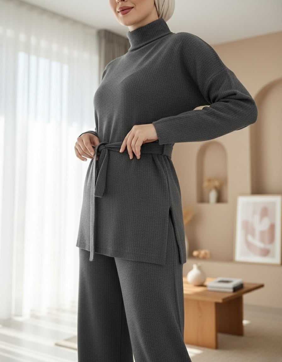 Half-Collar Belted Ribbed Lounge Set - Smoke - Podyumplus - by Peralane - photo 2