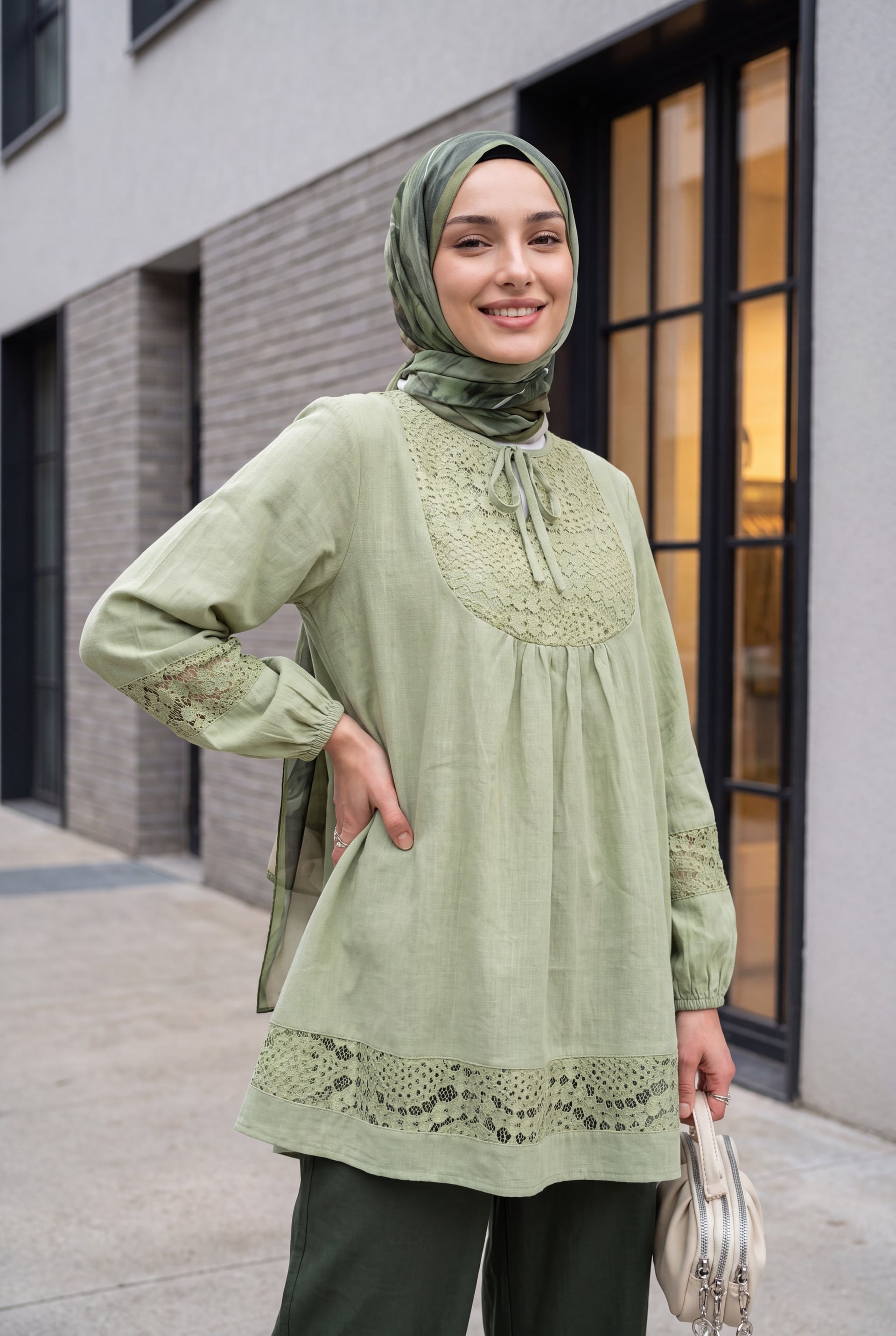 Lace Detail Tie Neck Long Sleeve Tunic - Light Green - Podyumplus - by Peralane - photo 3