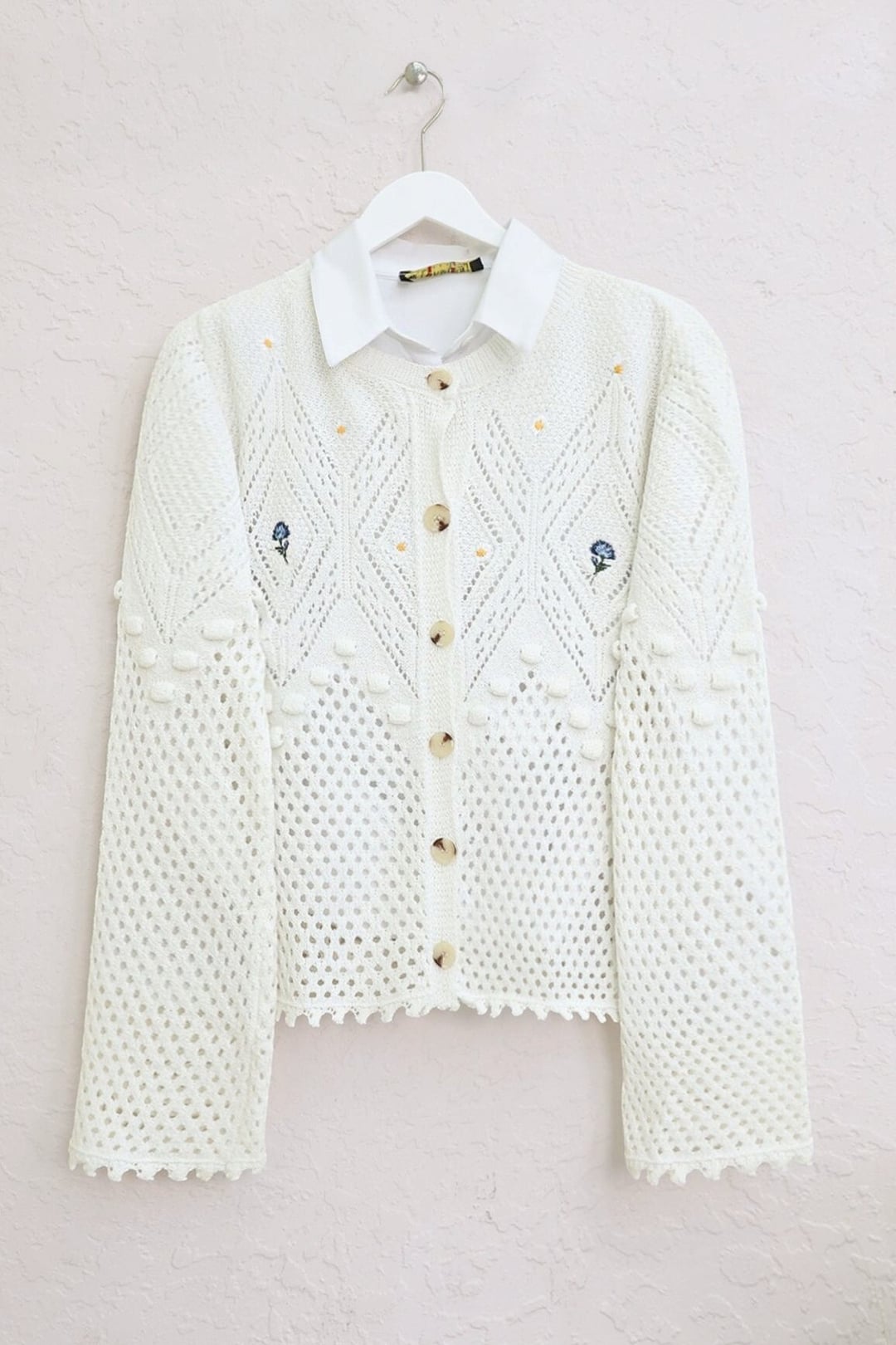 Embroidered Flower Button Knit Cardigan - Ecru - Podyumplus - by Peralane - photo 4