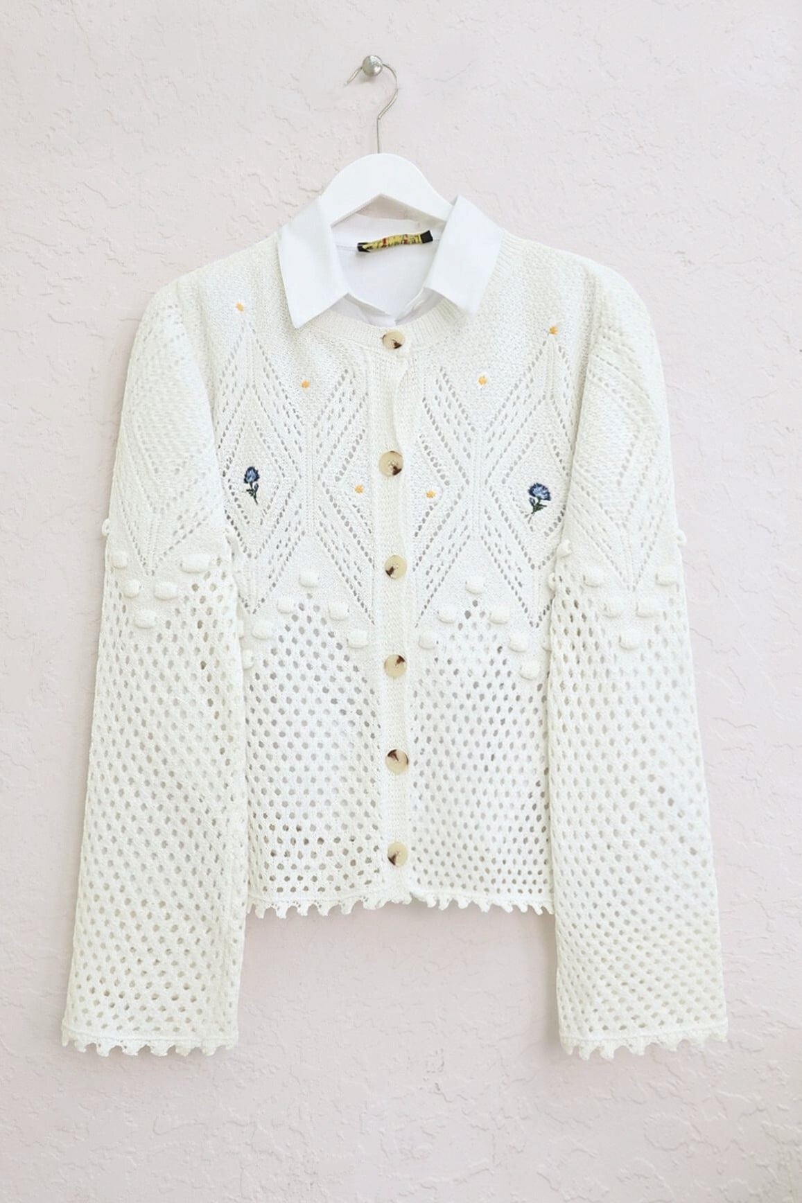 Embroidered Flower Button Knit Cardigan - Ecru - Podyumplus - by Peralane - photo 4