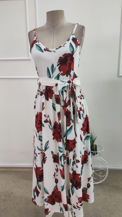 Women's Spaghetti Strap V-Neck Tie Waist Long Floral Suprem Dress - Janes - by Peralane - photo 4