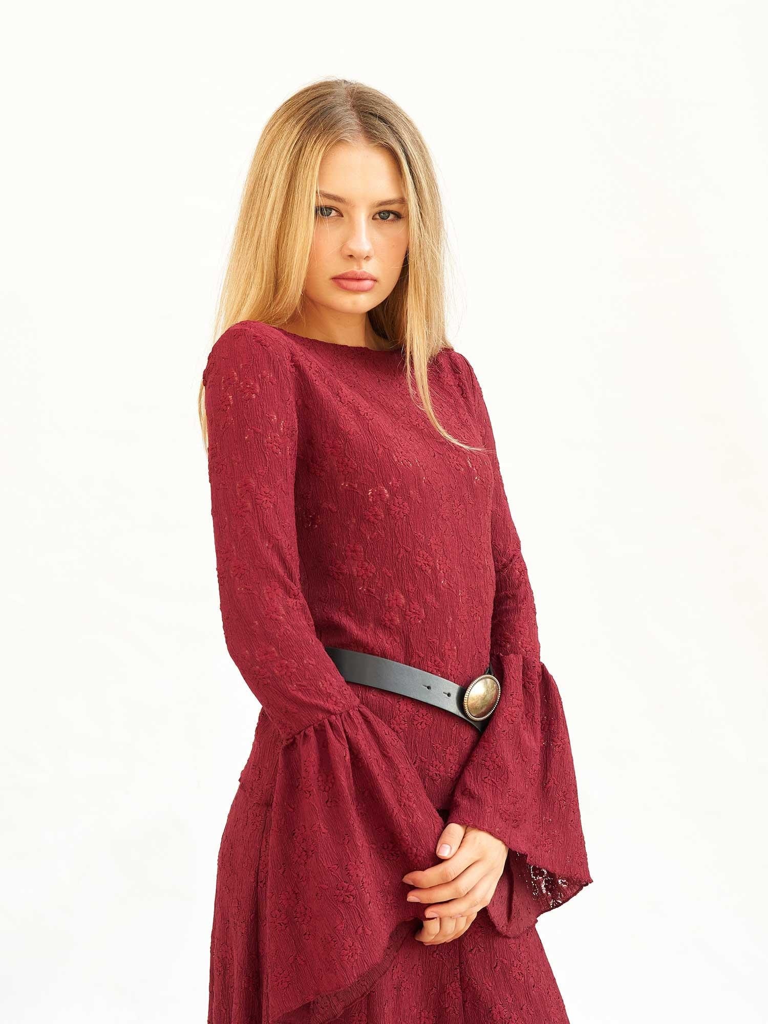 Burgundy Floral Lace Top and Maxi Skirt Set - Lefon - by Peralane - photo 6