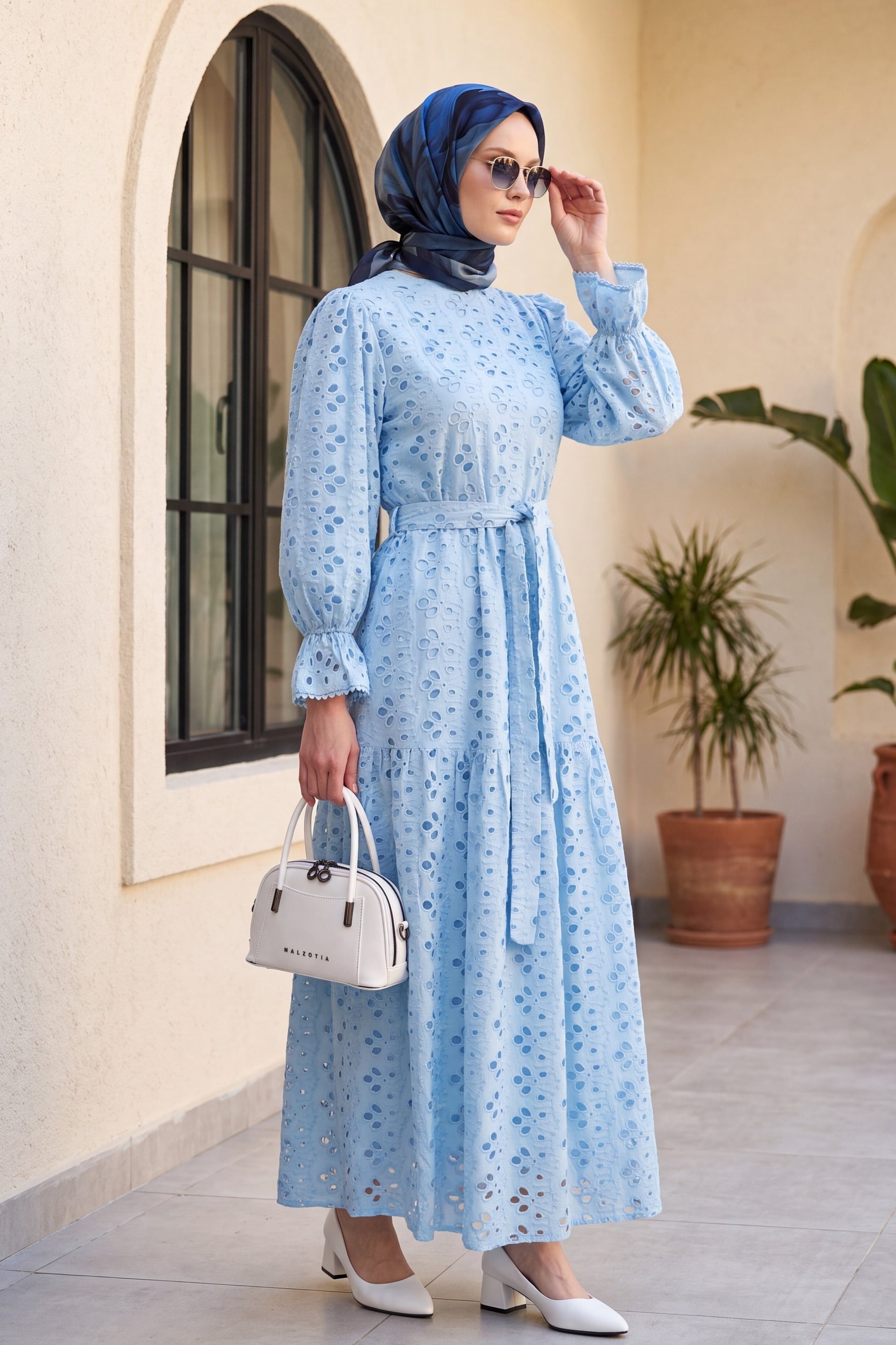 Light Blue Long-Sleeved Floral Eyelet Linen Dress with Tie Belt - Podyumplus - by Peralane - photo 4
