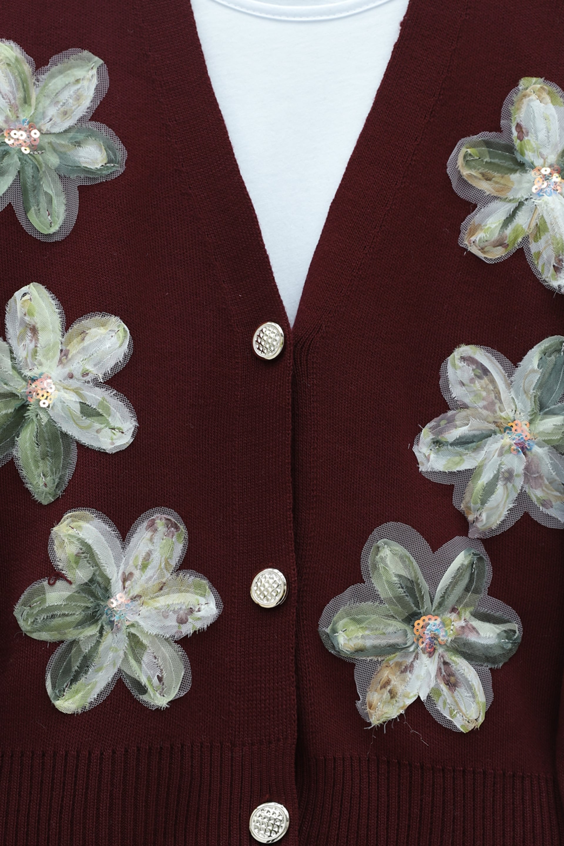 Burgundy Knit Cardigan with Sequin and Floral Details - Podyumplus - by Peralane - photo 5
