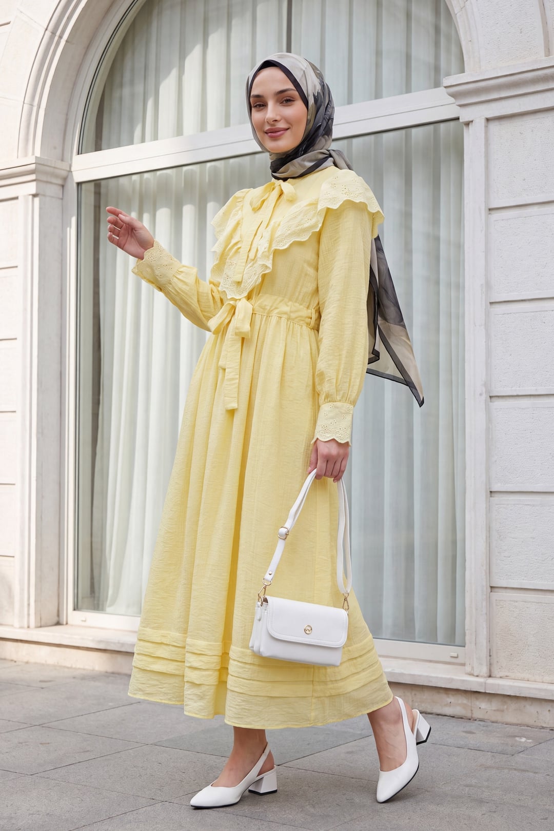 Tie-Front Crinkle Dress with Eyelet Trim - Yellow - Podyumplus - by Peralane