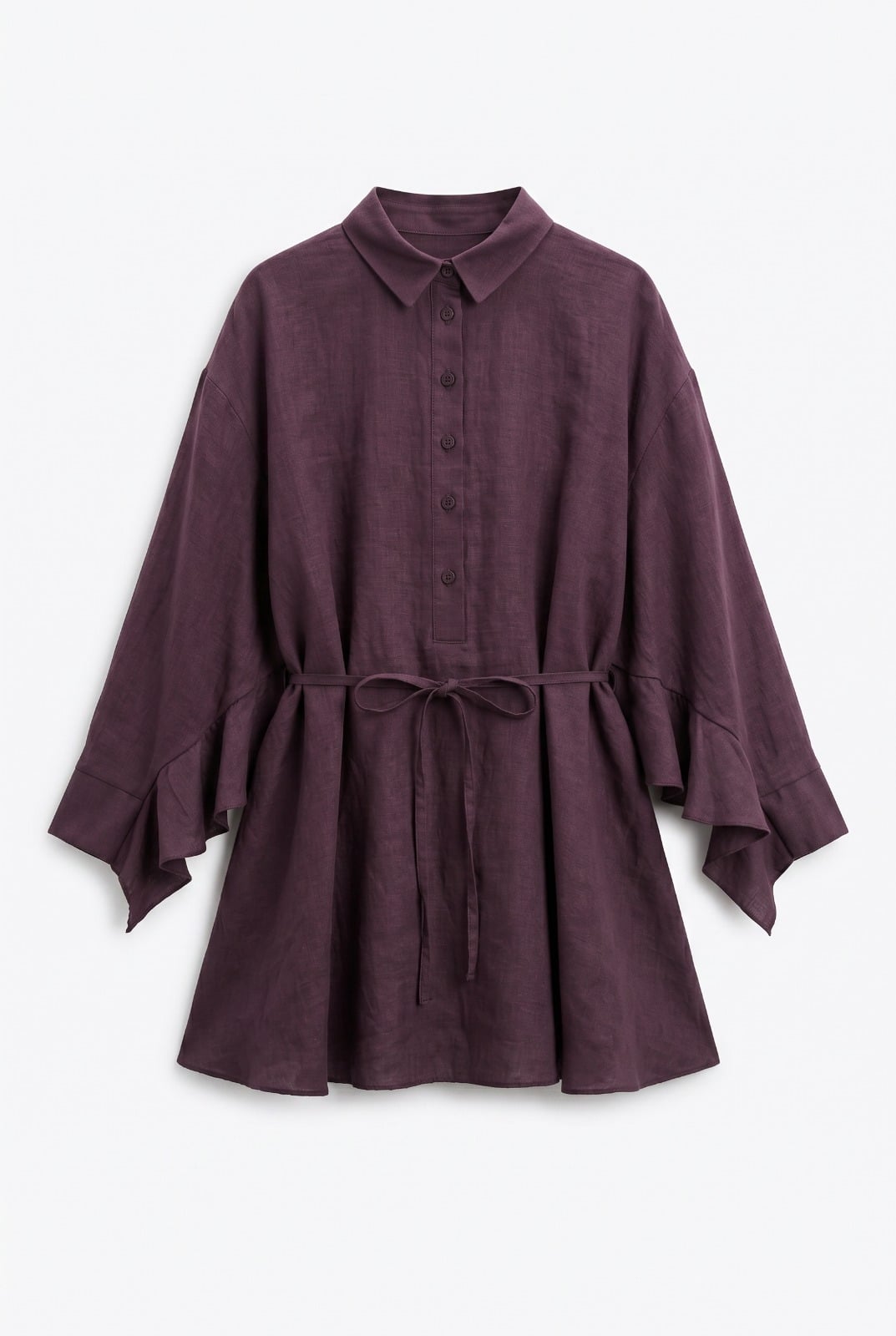 Buttoned Belted Batwing Sleeve Frill Oversize Modal Tunic - Plum - Podyumplus - by Peralane - photo 4