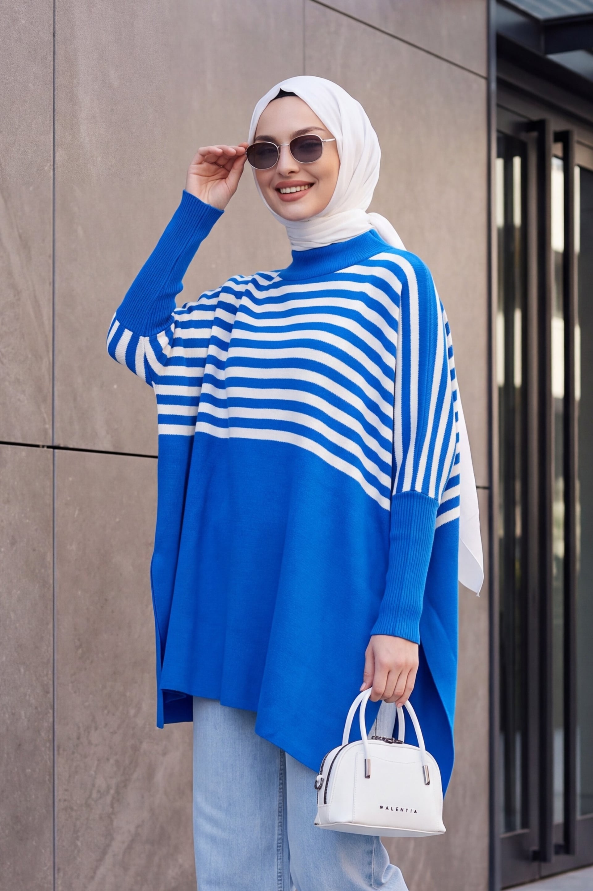 Oversize Pancho Knit Sweater with Side Slits - Blue and White Striped - Bigdart - by Peralane - photo 2