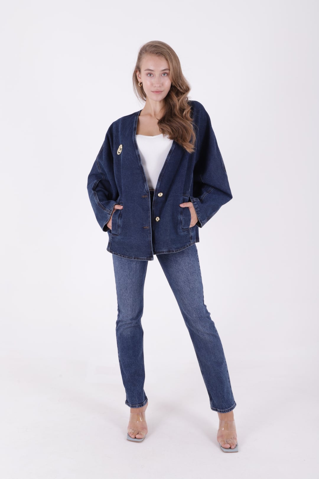 Oversize Batwing Sleeve Denim Jacket 6059 Solid Dark Rinse - Xlove - by Peralane