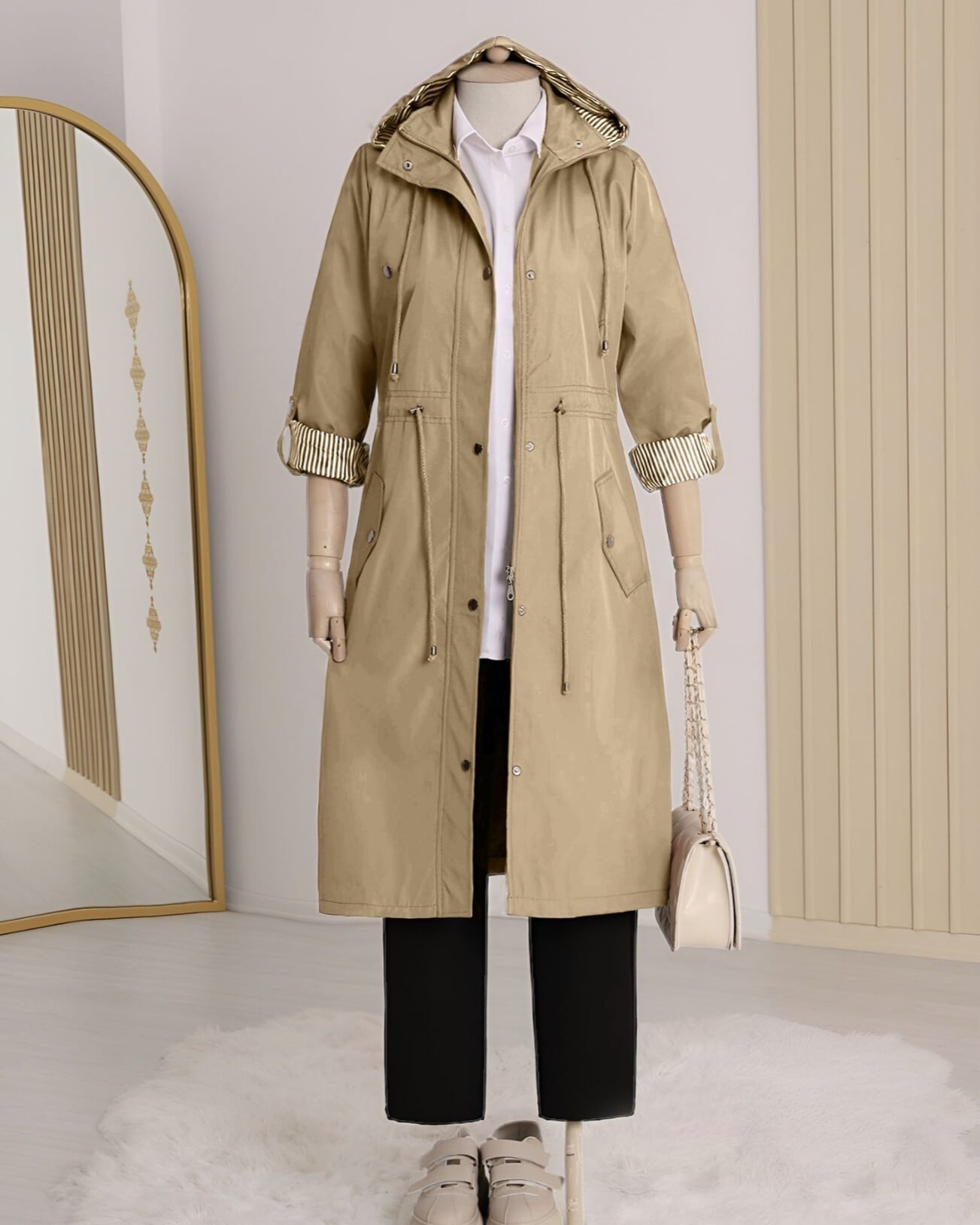 Beige Hooded Trench Coat with Striped Lining - Vizon - Podyumplus - by Peralane - photo 9