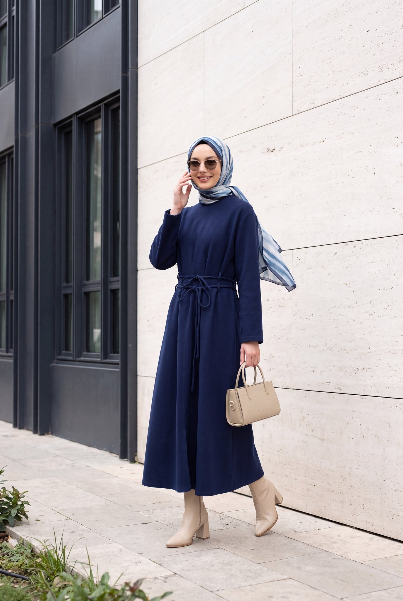 Navy Blue Selanik Long Dress with Self-Tie Belt - Podyumplus - by Peralane