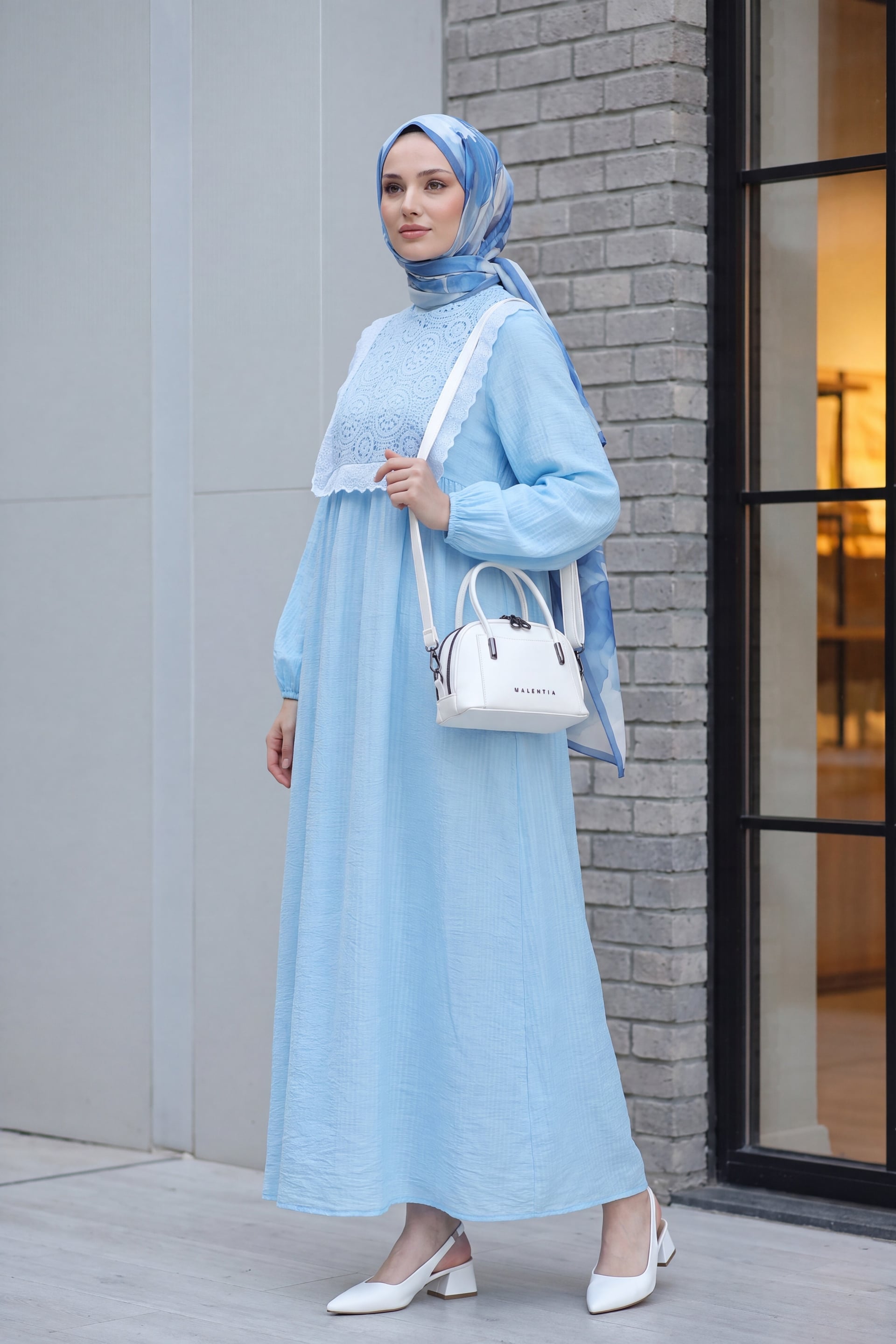 Crinkle Dress with Removable Lace Vest and Ribbed Cuffs - Light Blue - Podyumplus - by Peralane - photo 4