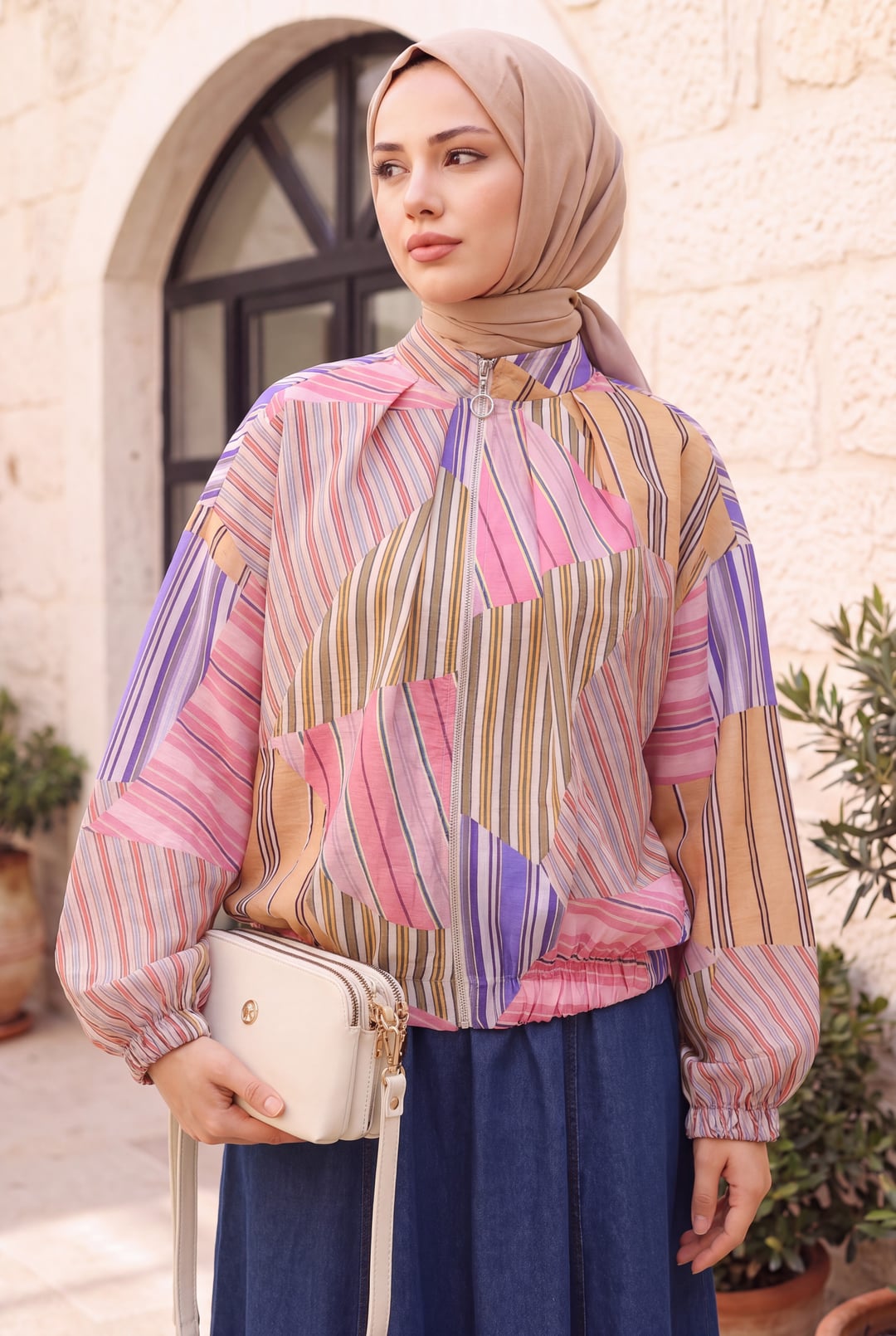 Elasticated Cuff and Waist Zip-Up Patterned Summer Jacket - Pink - Podyumplus - by Peralane - photo 6