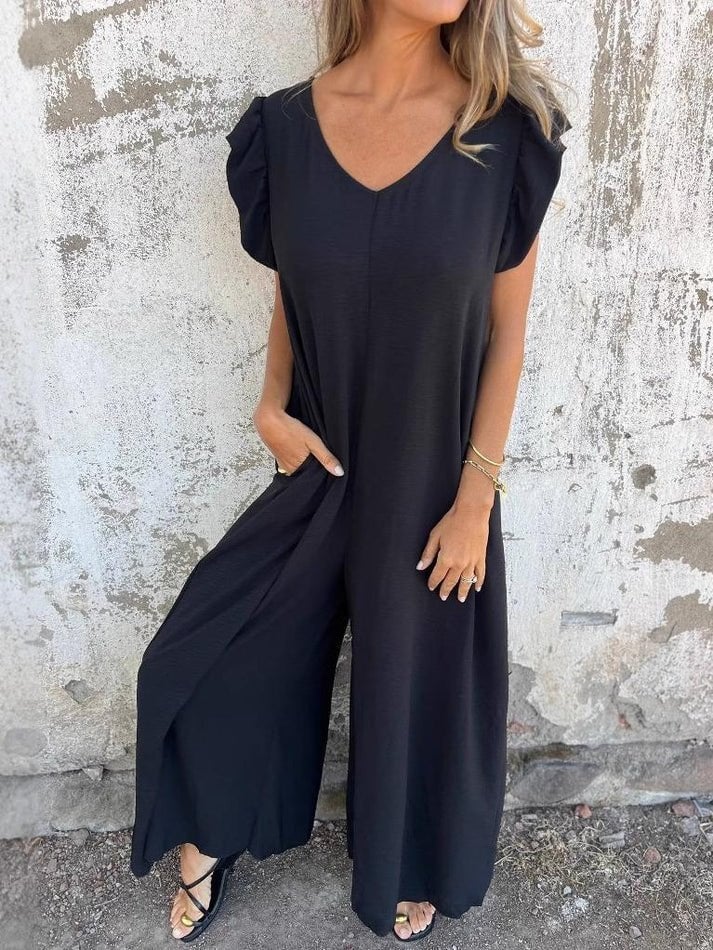 Women's Short-Sleeve V-Neck Deep Back Lace-Up Long Jumpsuit - Black - Janes - by Peralane