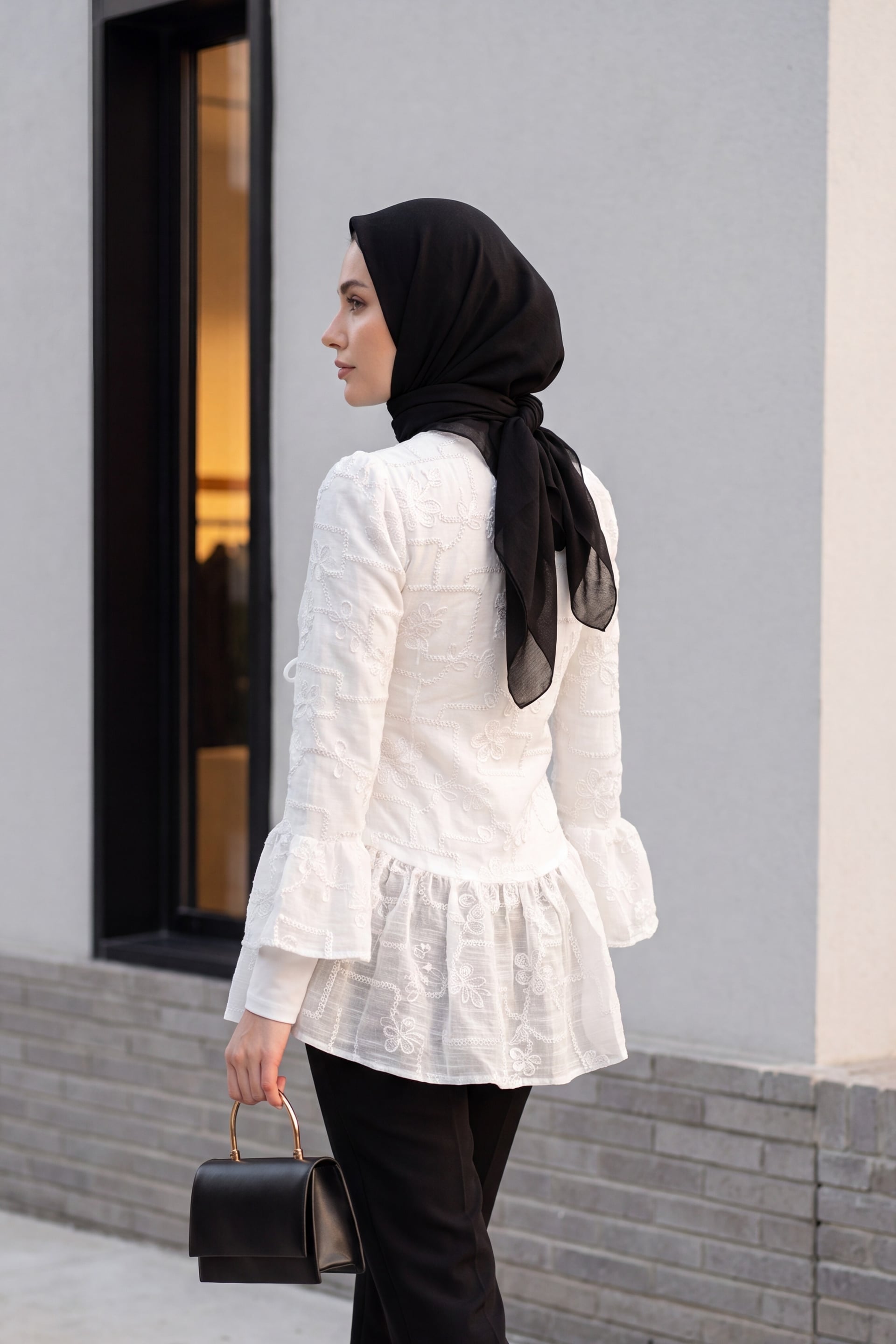 White High Collar Buttoned Lined Frilled Polyviscose Tunic - Podyumplus - by Peralane - photo 3