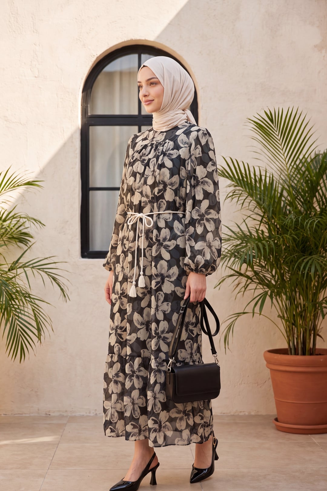Smocked Waist Belted Lined Chiffon Dress - Anthracite - Podyumplus - by Peralane