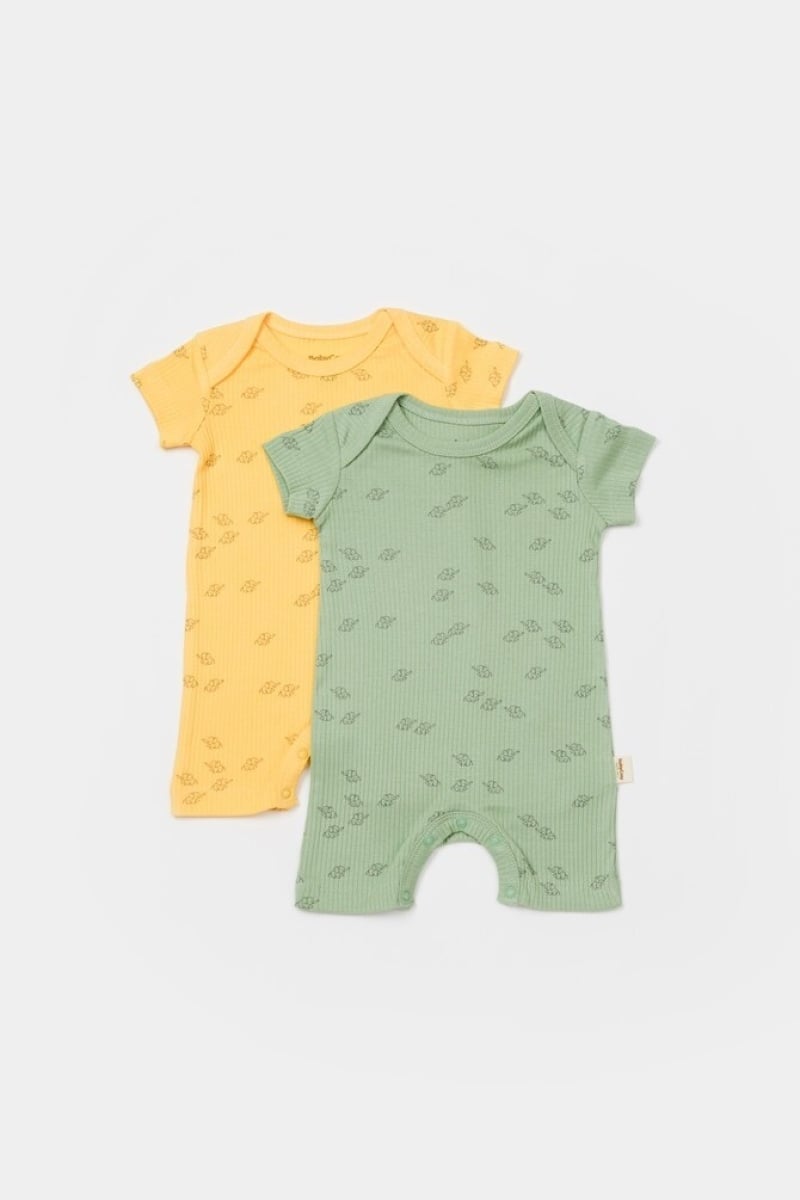 Baby Romper Set 2-Piece Short Sleeve Leaf Print - Green and Yellow - Babycosy - by Peralane