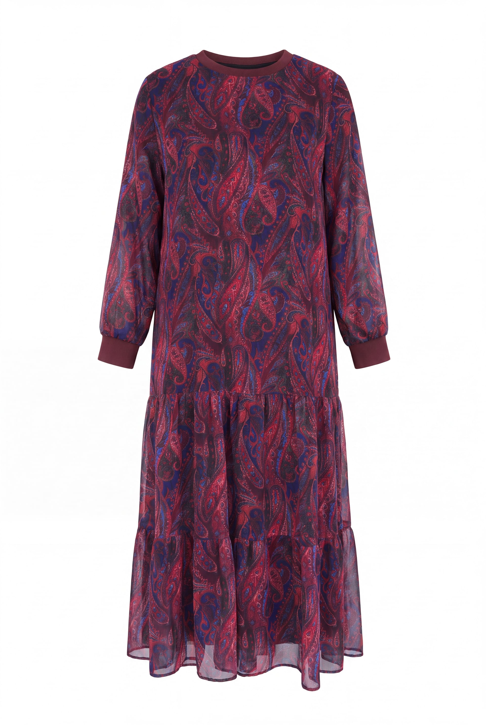 Women's Ethnic Print Layered Chiffon Dress - Burgundy - Podyumplus - by Peralane - photo 5