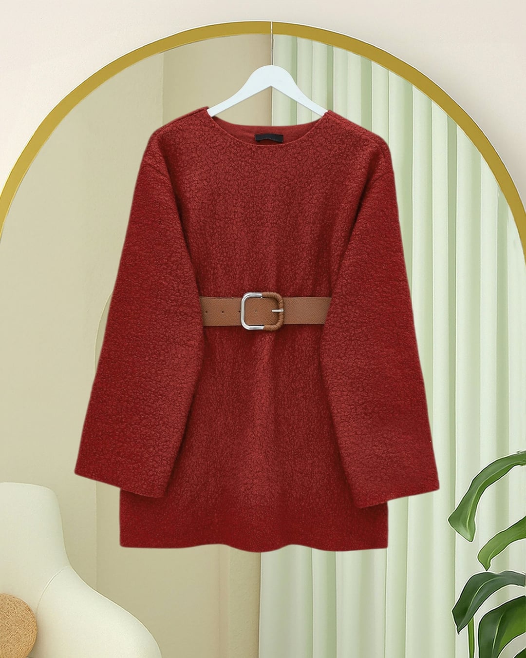 Thick Belted Boucle Tunic - Burgundy - Podyumplus - by Peralane - photo 4