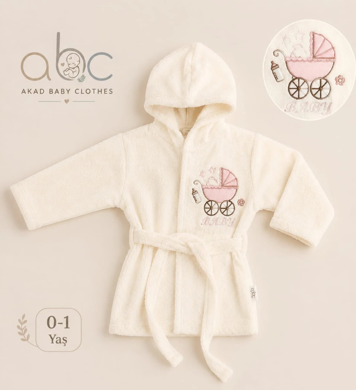 Baby Hooded Bathrobe with Embroidered Pram Motif - Cream Pink - Has Bereket - by Peralane