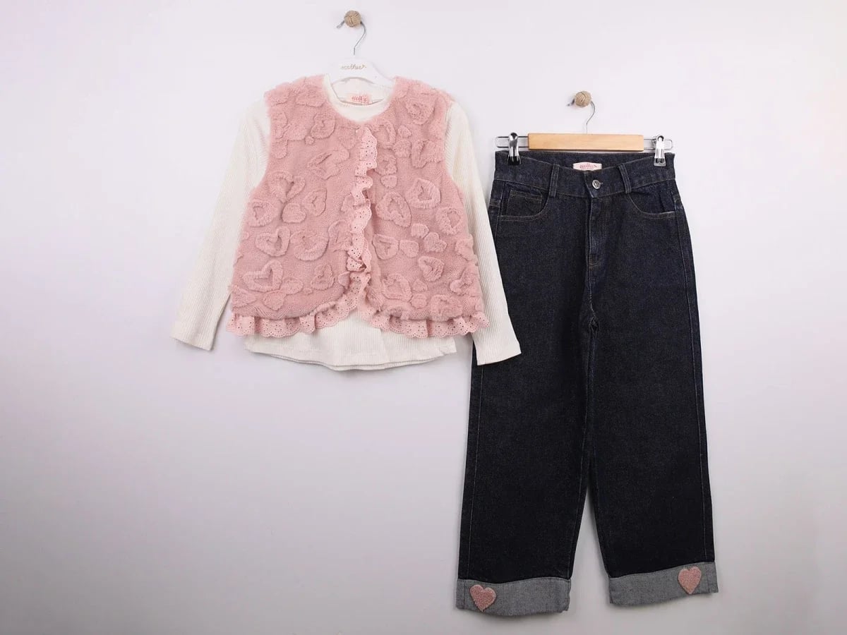 Girls' Knit Top with Floral Vest and Denim Trousers Set - Ecolkiz - by Peralane