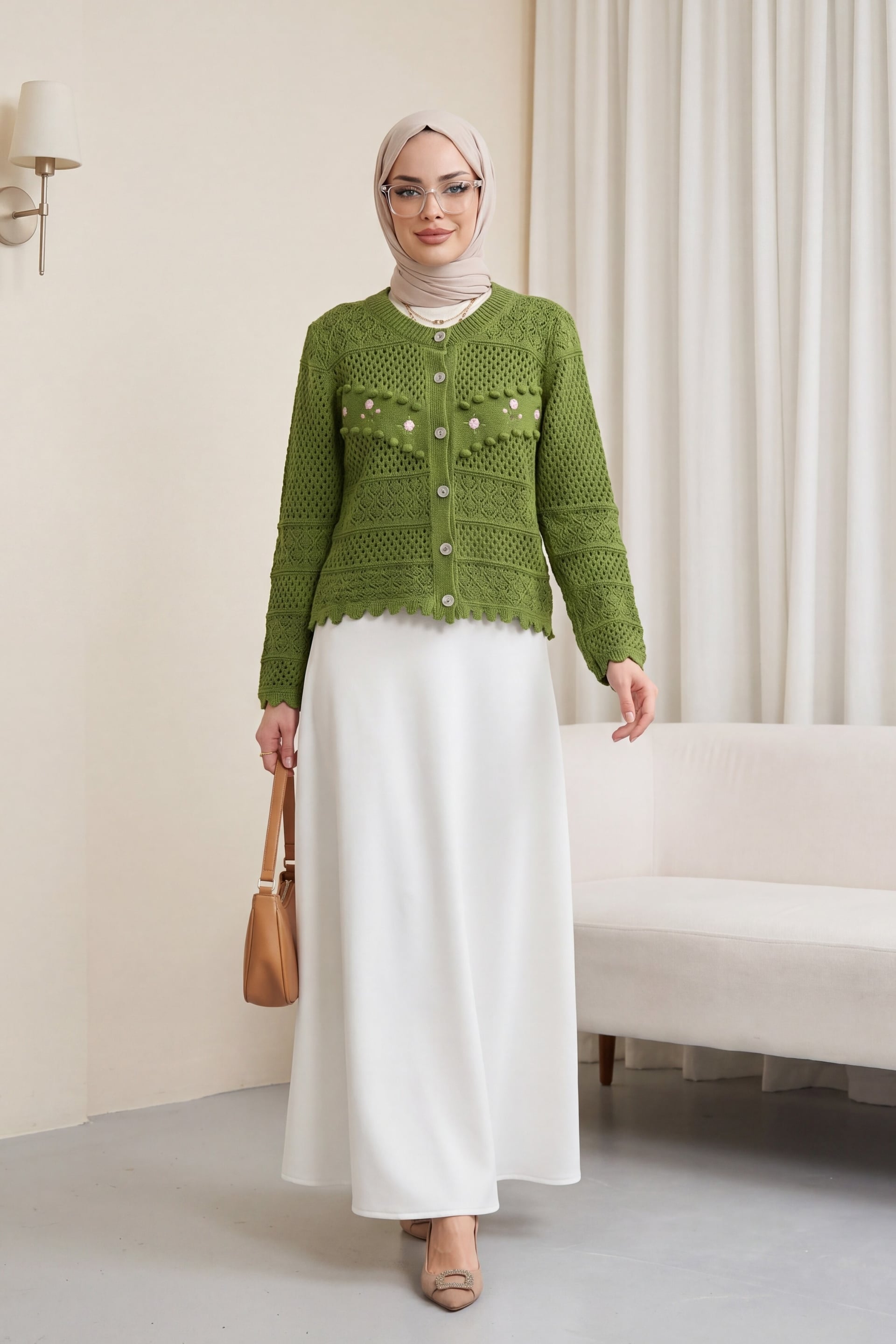 Front Floral Embroidered Pom-Pom Buttoned Knit Cardigan - Khaki - Podyumplus - by Peralane - photo 2