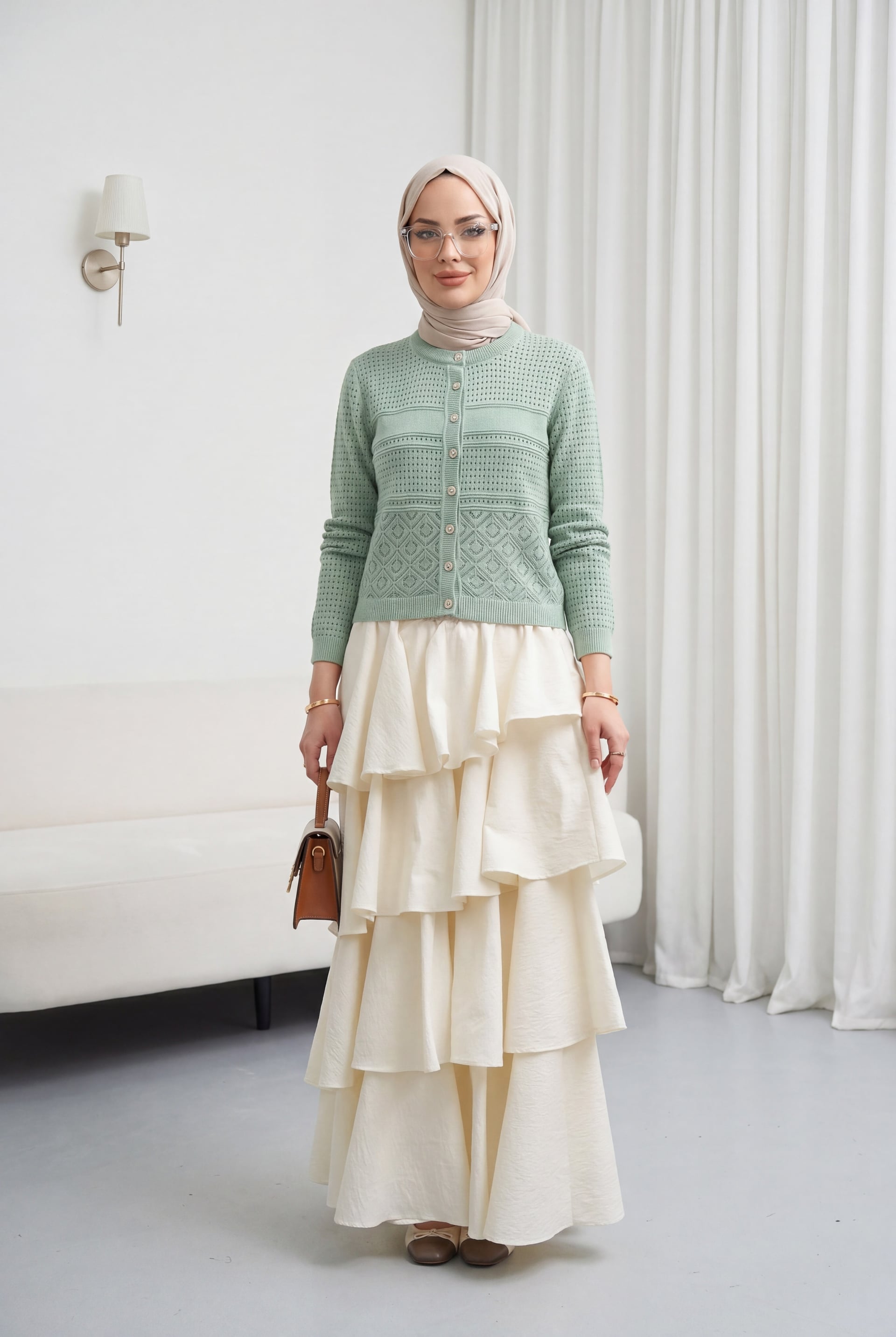 Mint Round Neck Openwork Buttoned Knit Cardigan - Podyumplus - by Peralane - photo 3