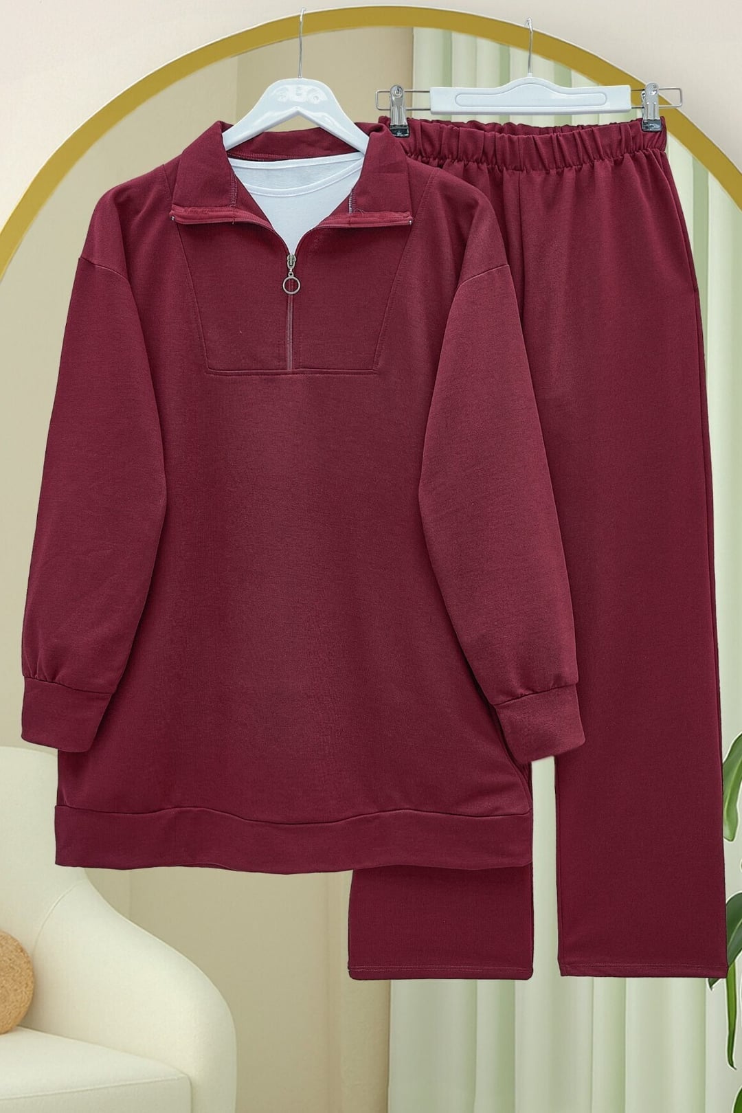 Half-Zip Collared Knit Set in Burgundy - Podyumplus - by Peralane - photo 3
