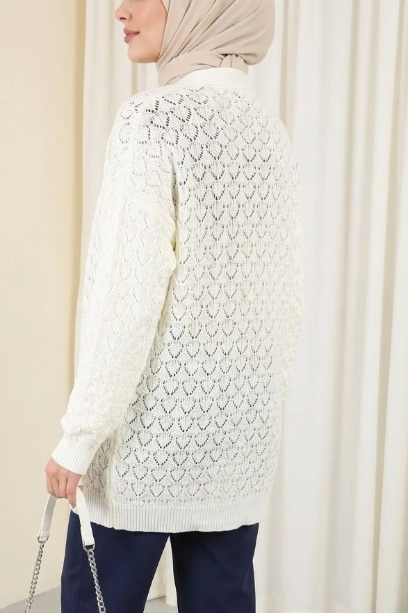 Ecru Ajour Patterned Relaxed Knit Cardigan - Podyumplus - by Peralane - photo 2