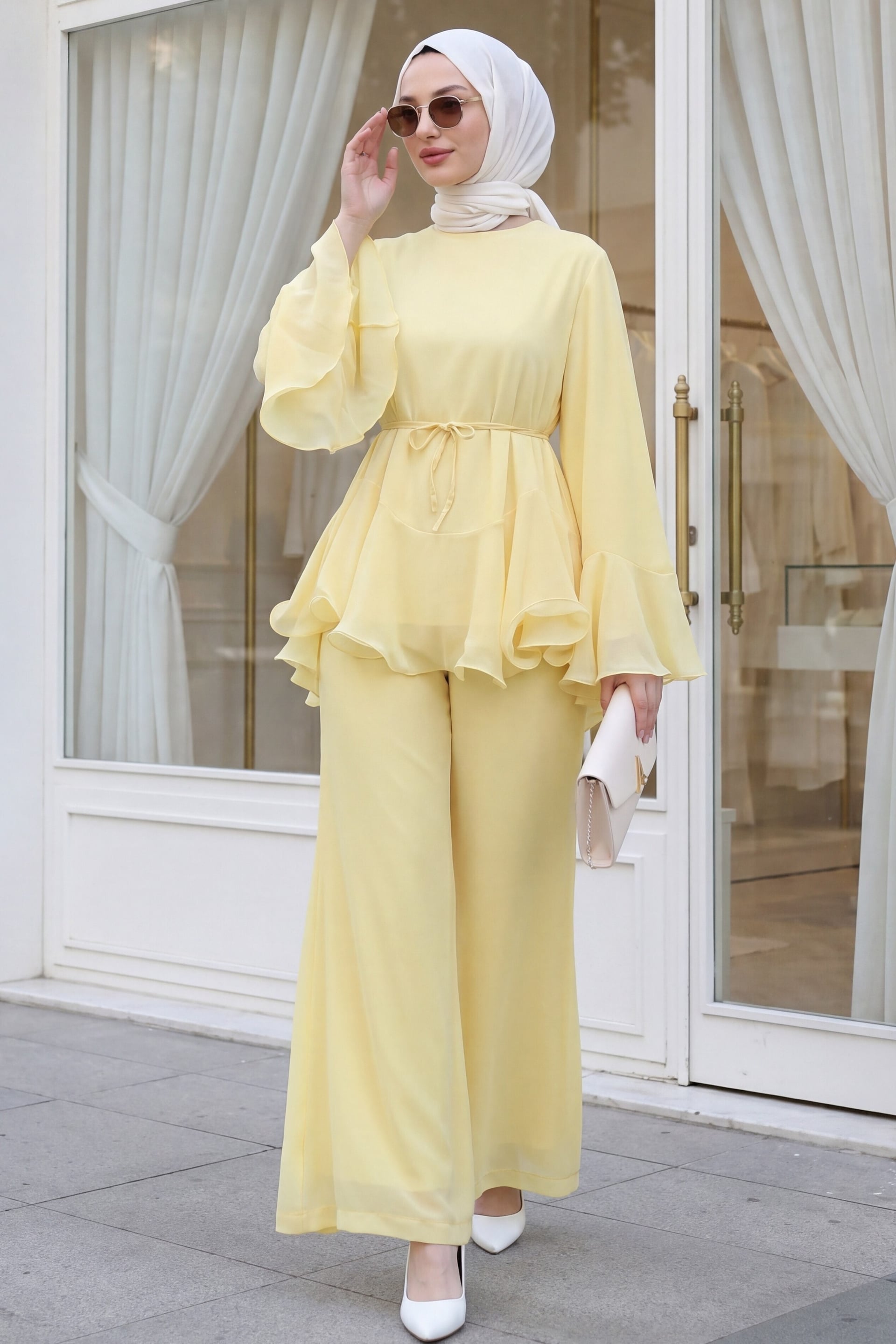 Yellow Chiffon Tunic and Trousers Set with Ruffled Details - Podyumplus - by Peralane - photo 2