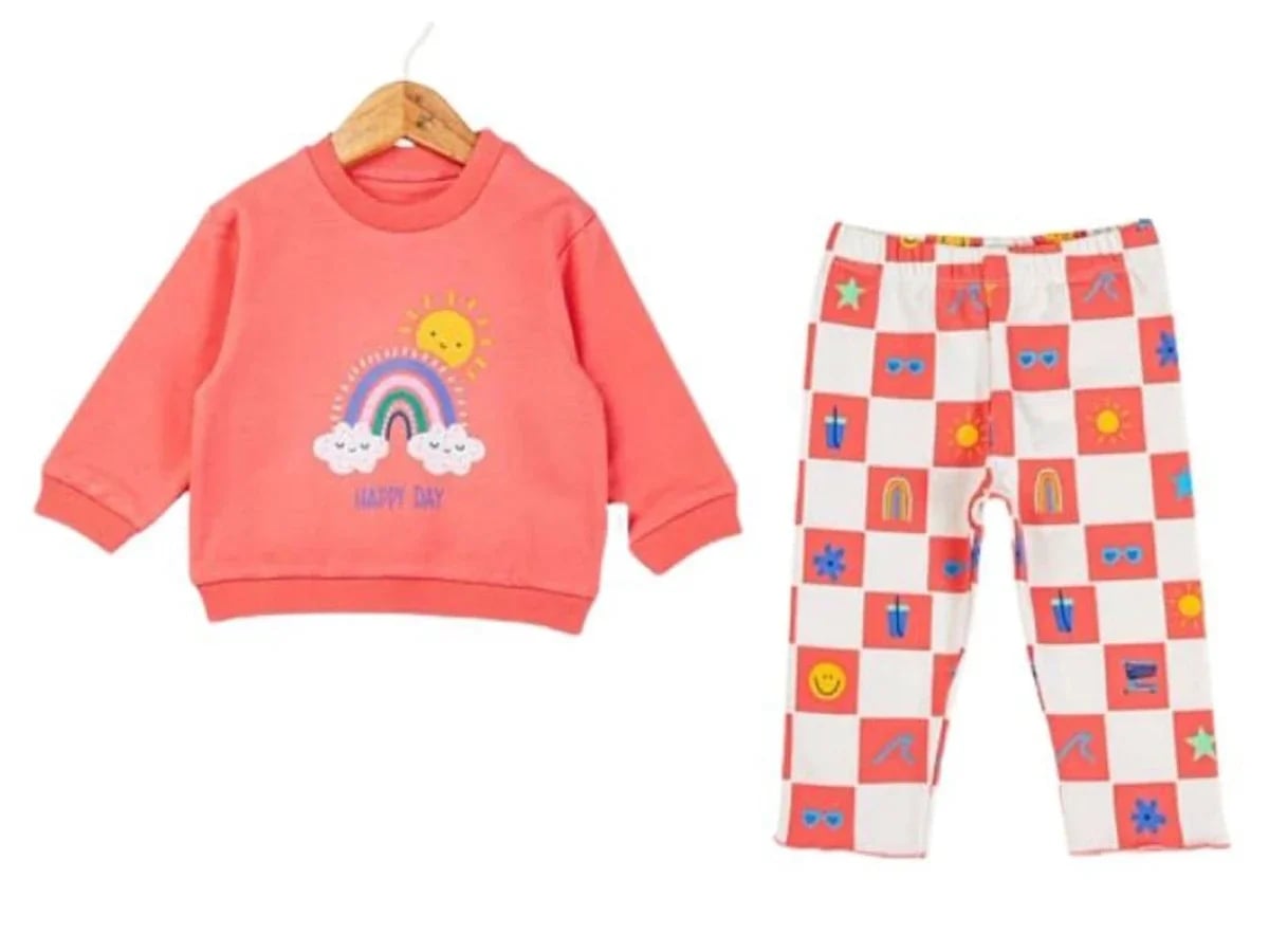 Rainbow Detail Baby Girl Pyjama Set - Dusty Pink - Comix - by Peralane