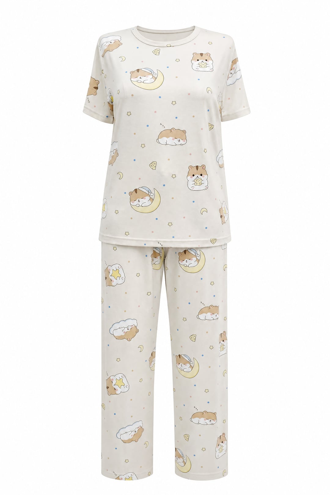 Mixed Figure Print Crew Neck Short Sleeve Knit Pyjama Set - Cream - Podyumplus - by Peralane - photo 2