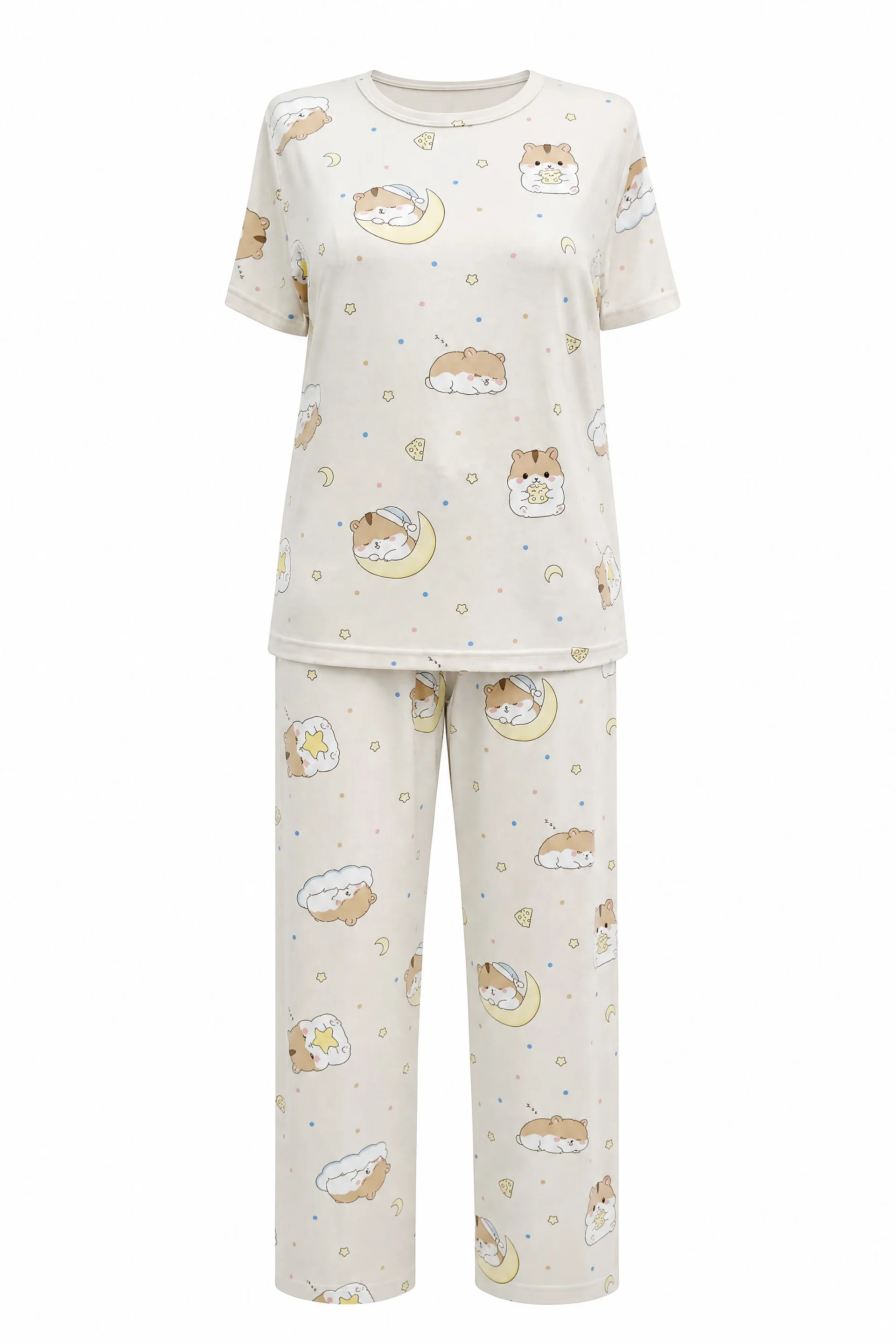 Mixed Figure Print Crew Neck Short Sleeve Knit Pyjama Set - Cream - Podyumplus - by Peralane - photo 2