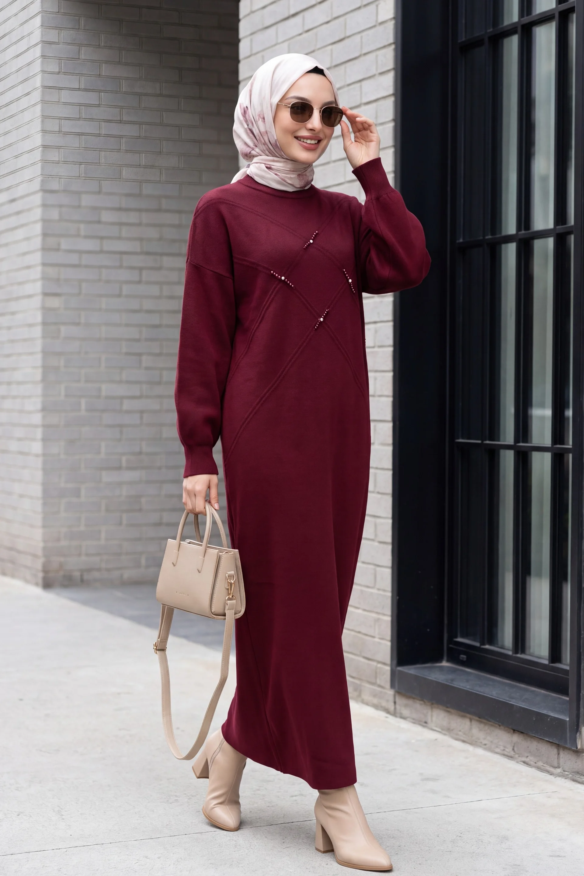 Beaded Patterned Knit Dress with Pearl and Stone Details - Burgundy - Podyumplus - by Peralane - photo 4