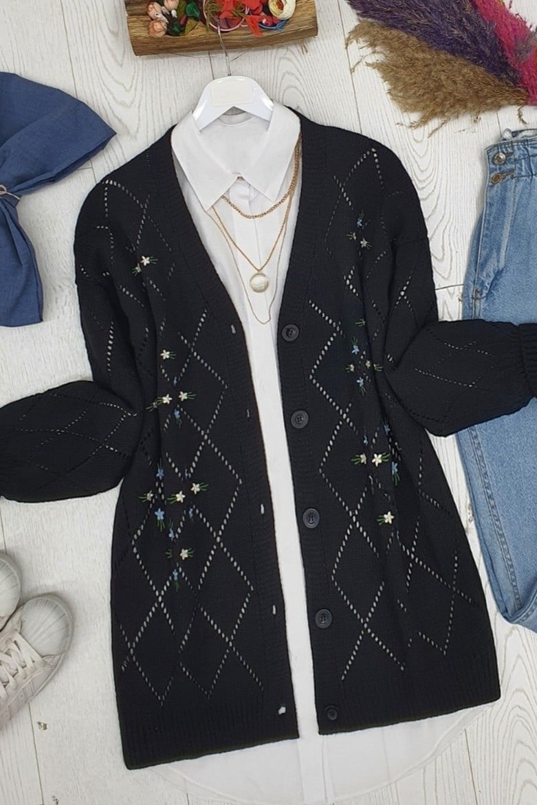 Embroidered Floral Knitted Cardigan - Black - Podyumplus - by Peralane - photo 5