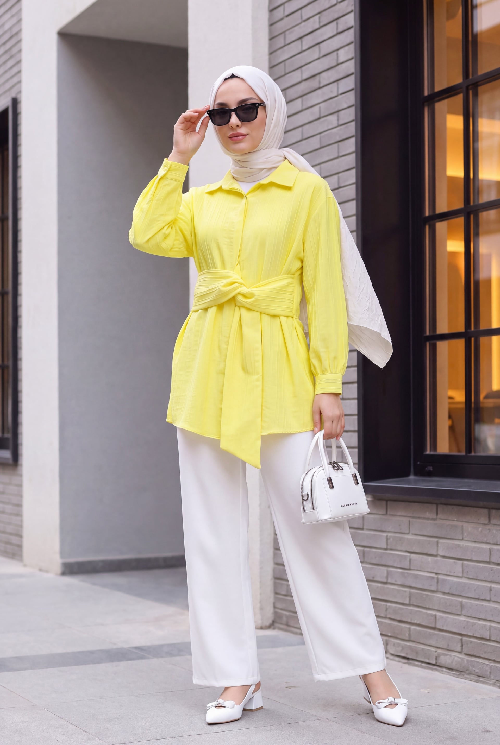 Belted Crinkle Tunic Shirt - Light Yellow - Podyumplus - by Peralane - photo 2