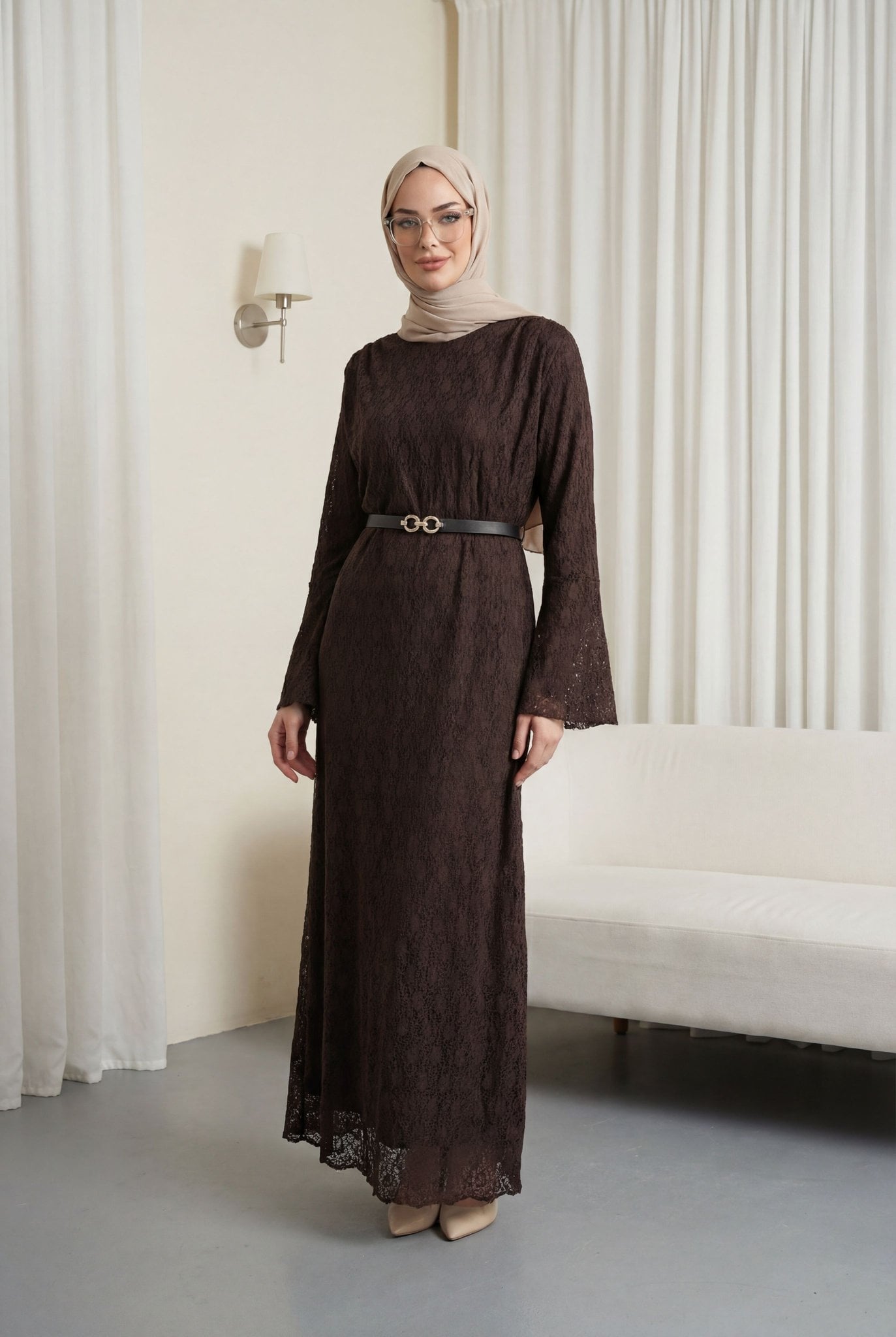 Round Neck Belted Lined Lace Dress - Dark Brown - Podyumplus - by Peralane