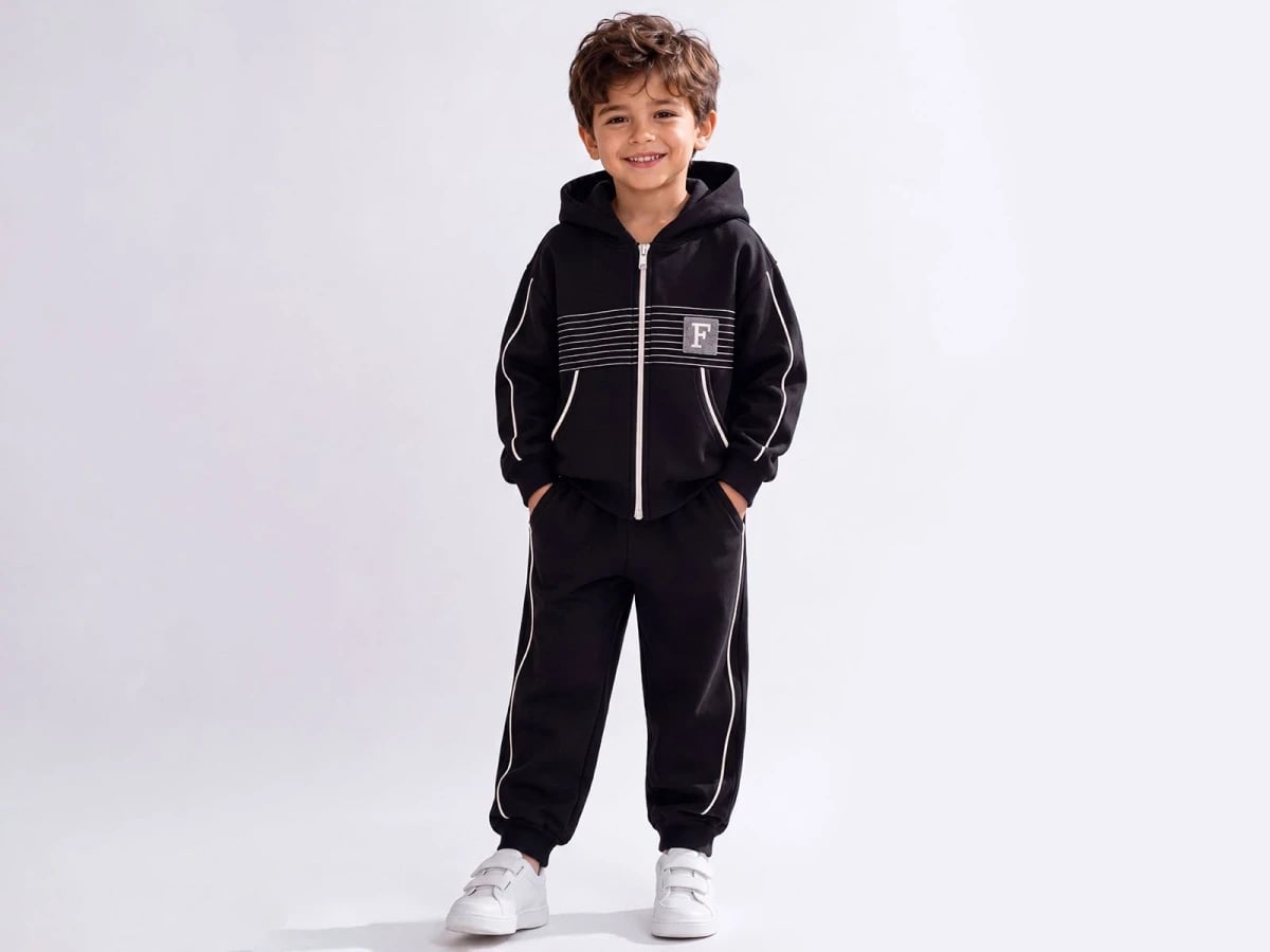 Boys' Hooded Zip-Up Tracksuit Set with White Stripes and F Logo - Black - Feely Kids - by Peralane